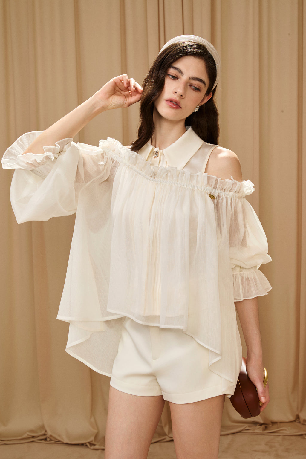 White Off-Shoulder Glitter Mesh Twin Set Top