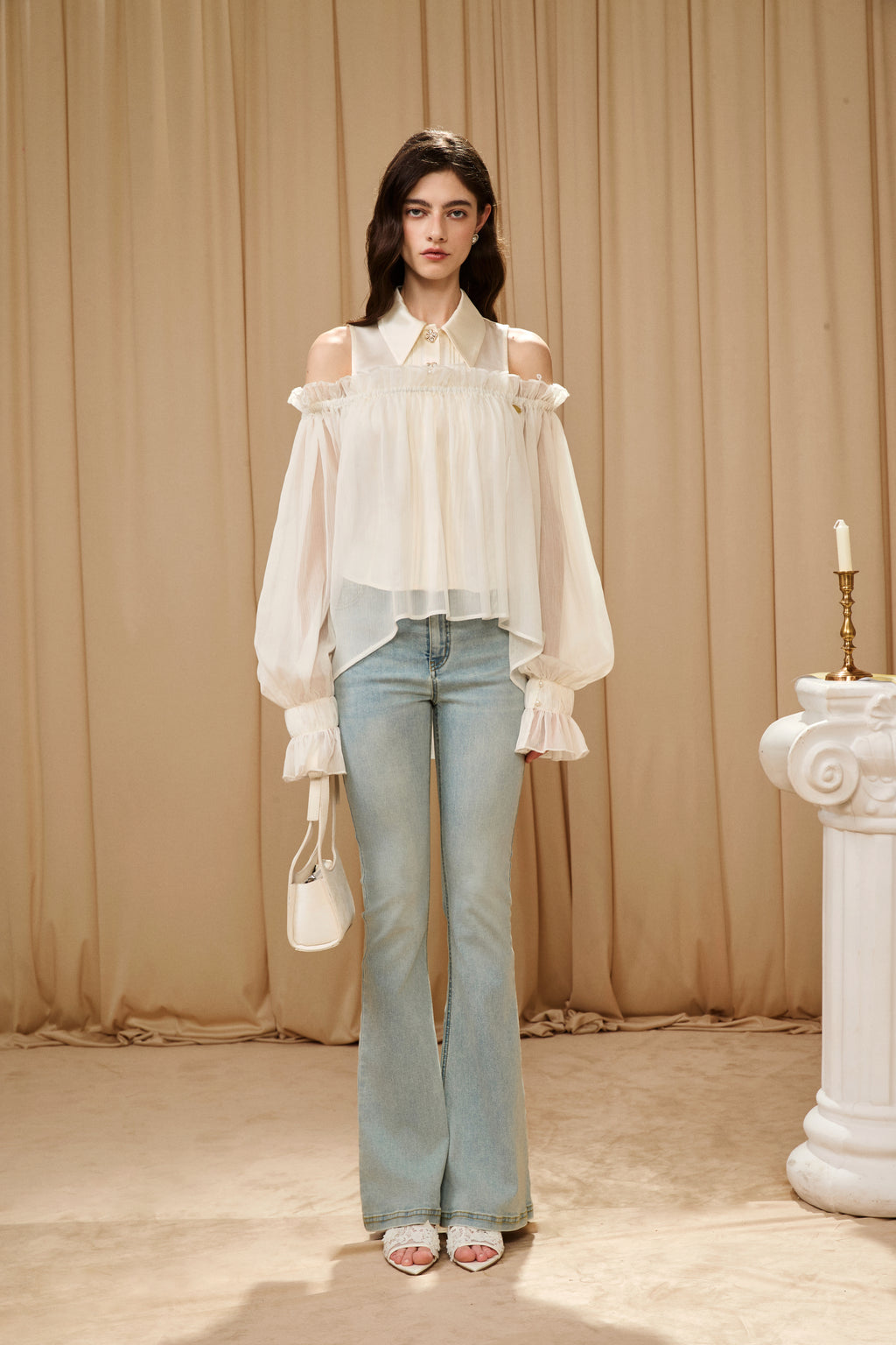 White Off-Shoulder Glitter Mesh Twin Set Top
