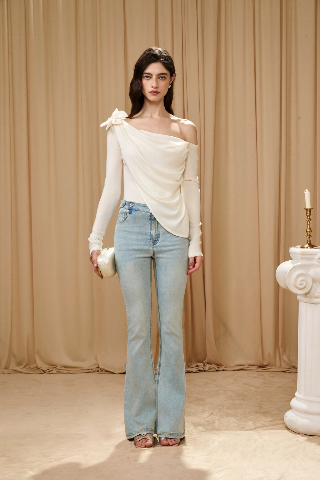 Off-White One-Shoulder Iris Floral Knit Top