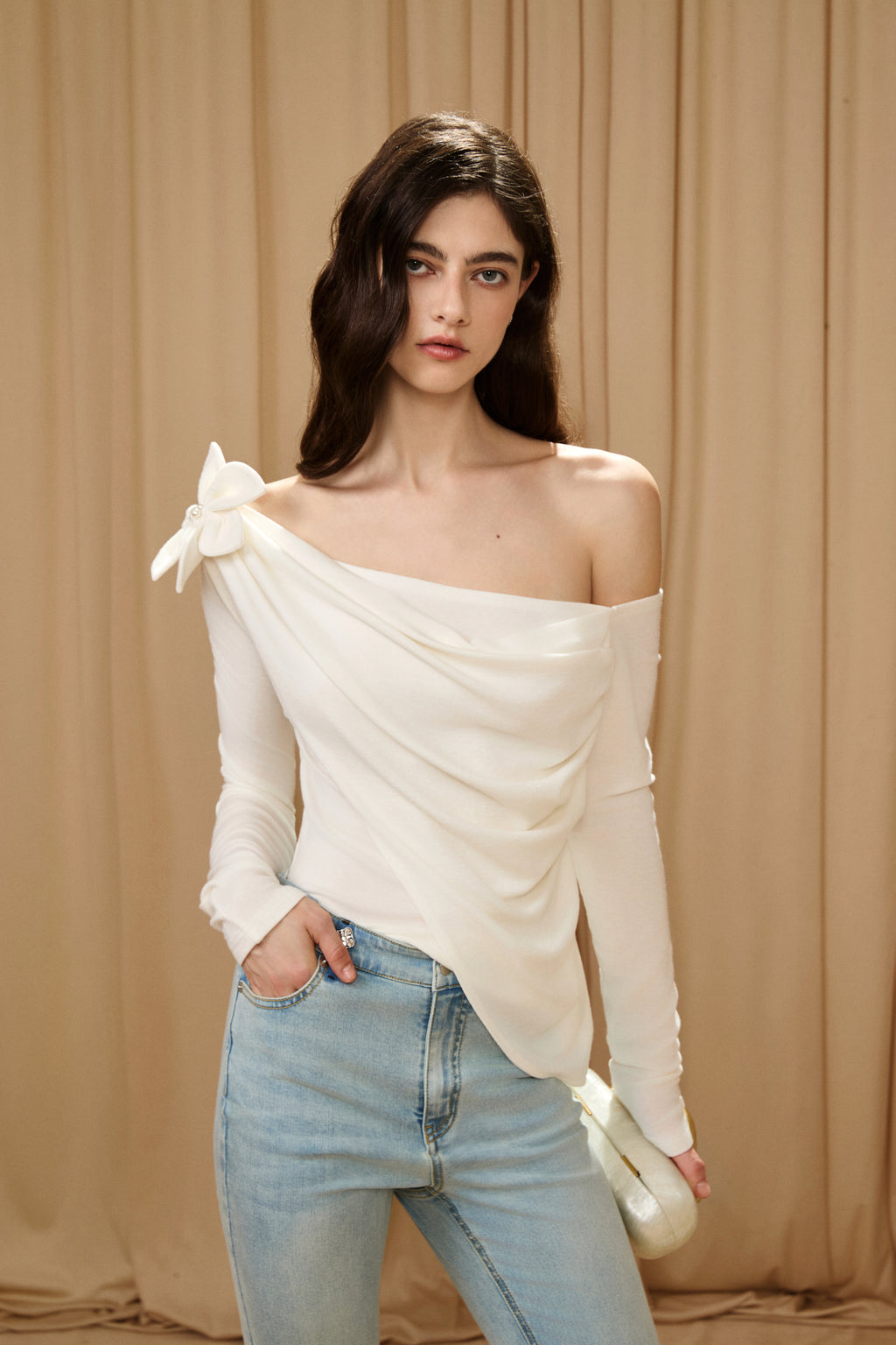 Off-White One-Shoulder Iris Floral Knit Top