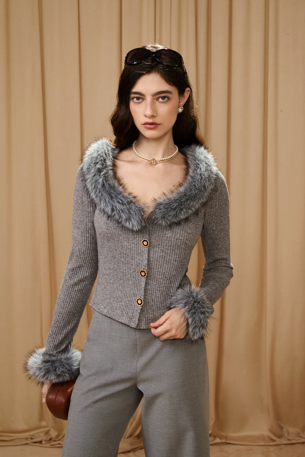 Grey Spliced Furry Collar Gold Button Cardigan