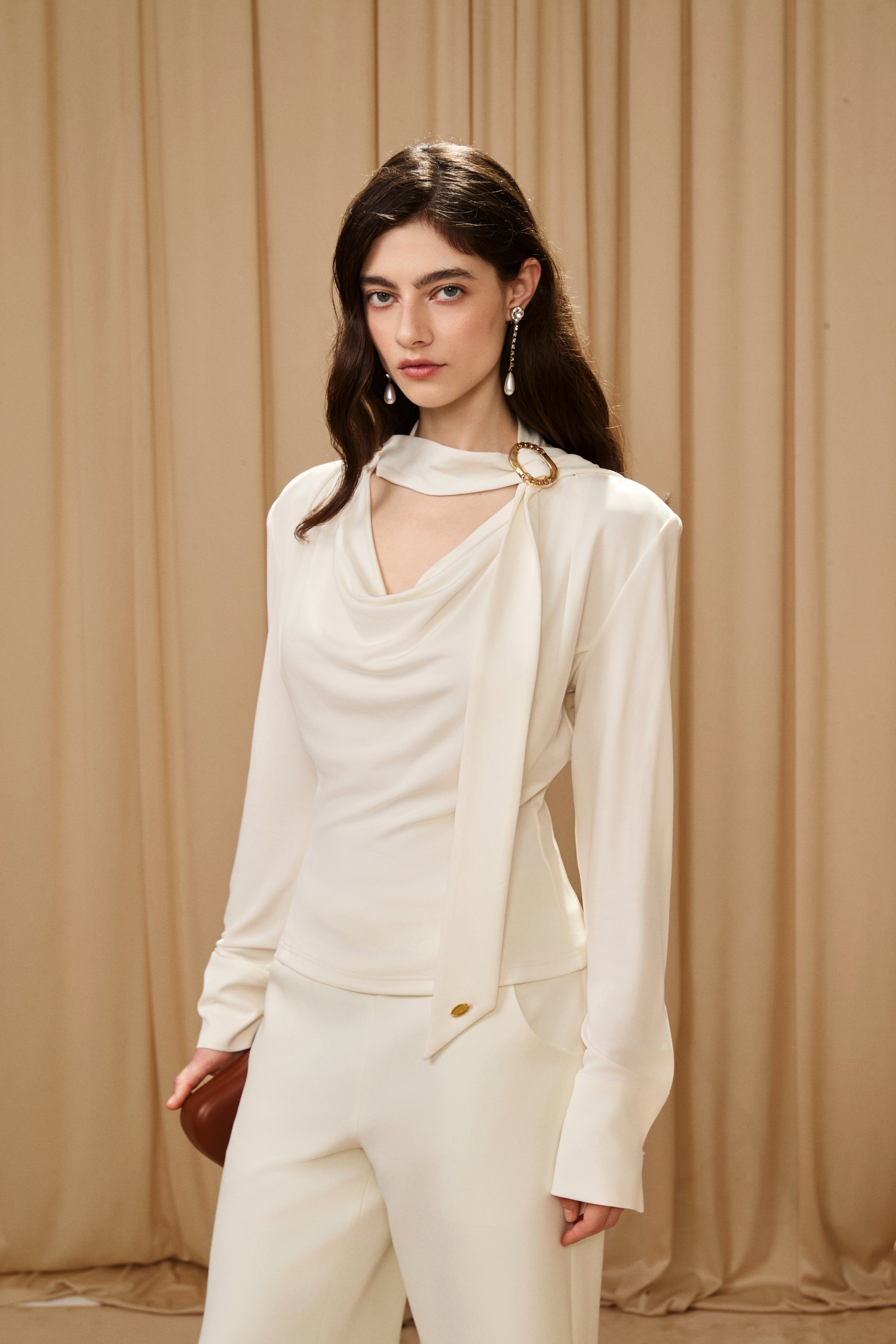 White Cowl Neck Gold Button Ribbon Blouse