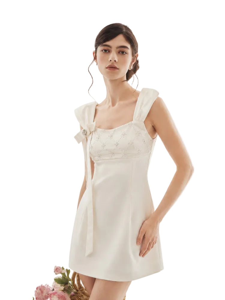 Pearlescent White Wide Strap Sequin Bow Dress