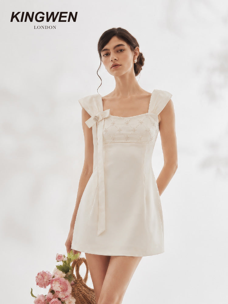 Pearlescent White Wide Strap Sequin Bow Dress