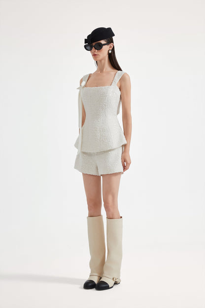 White Bow-Detailed Sleeveless Fitted Top