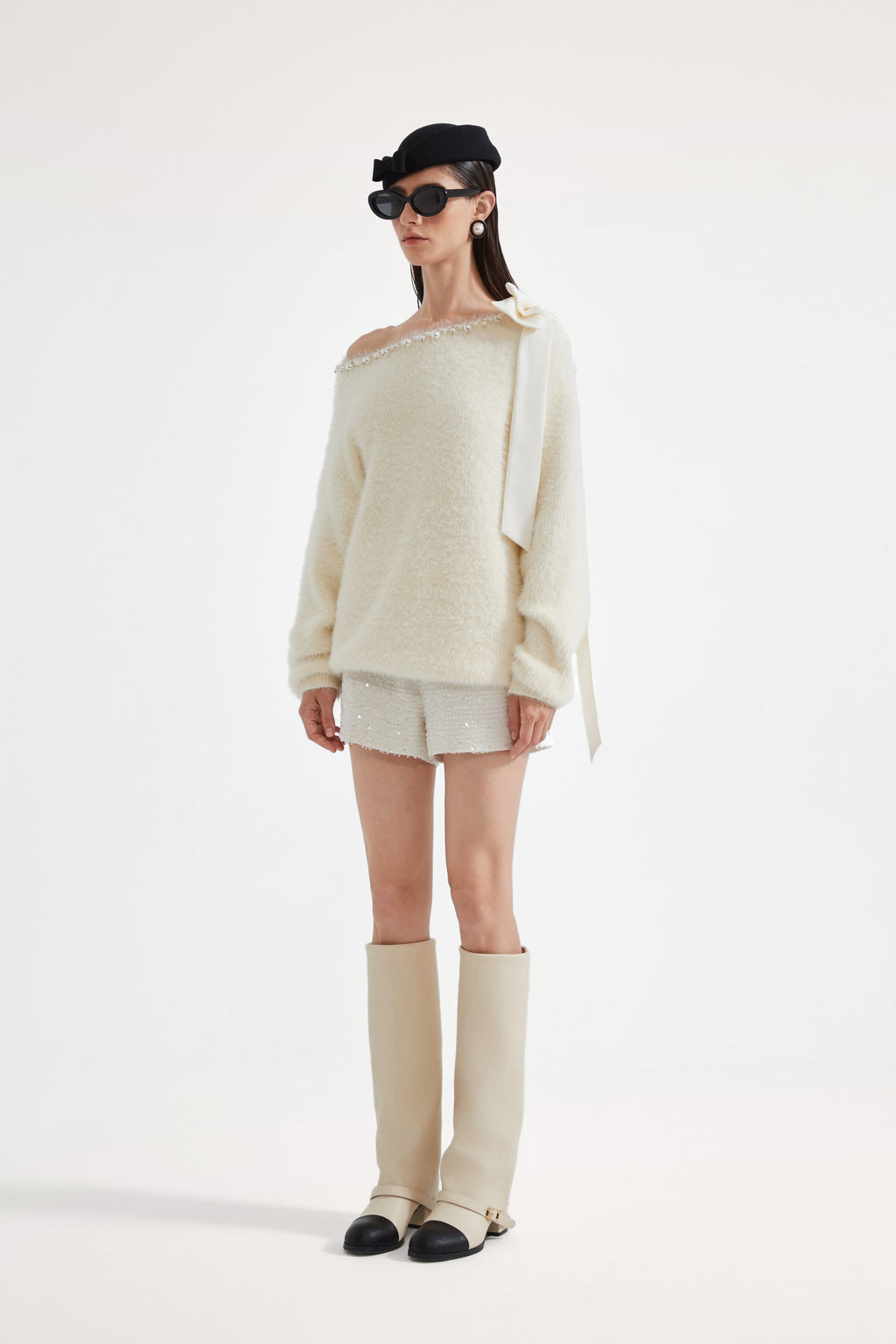 White Off-The-Shoulder Beaded Sweater