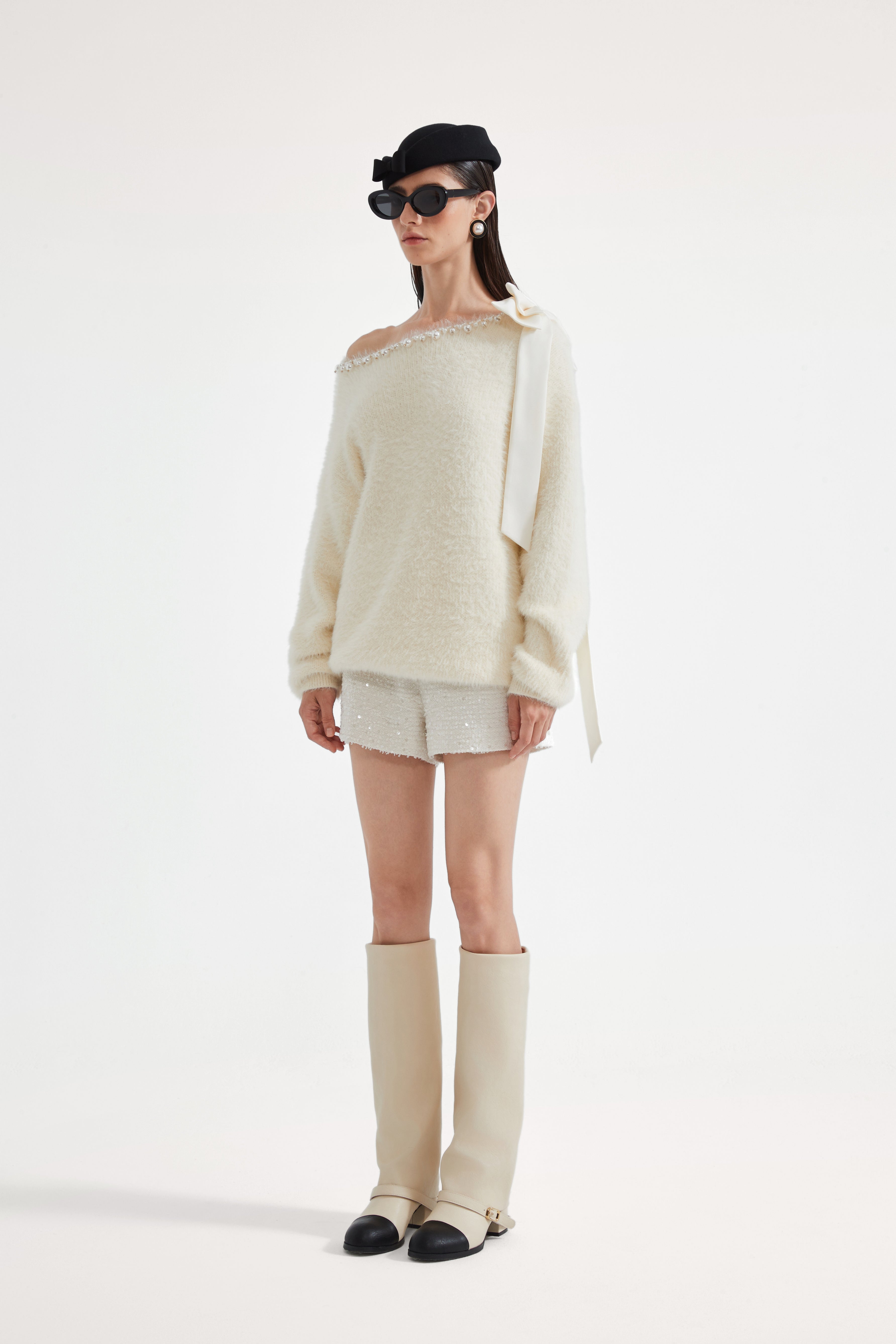 White Off-The-Shoulder Beaded Sweater