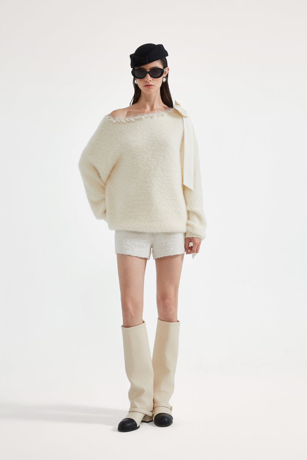 White Off-The-Shoulder Beaded Sweater