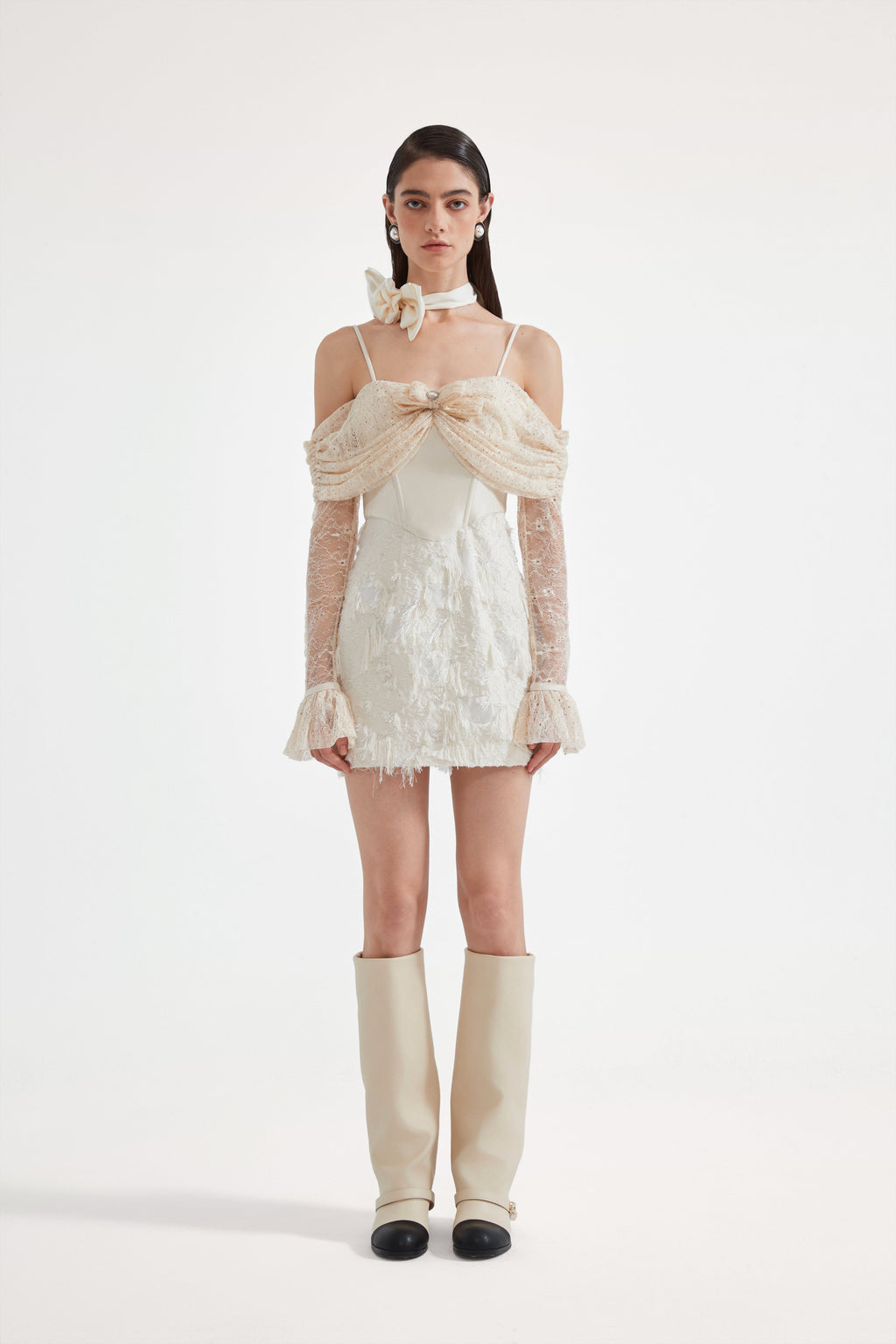 Beige Lace Fitted Waist Dress