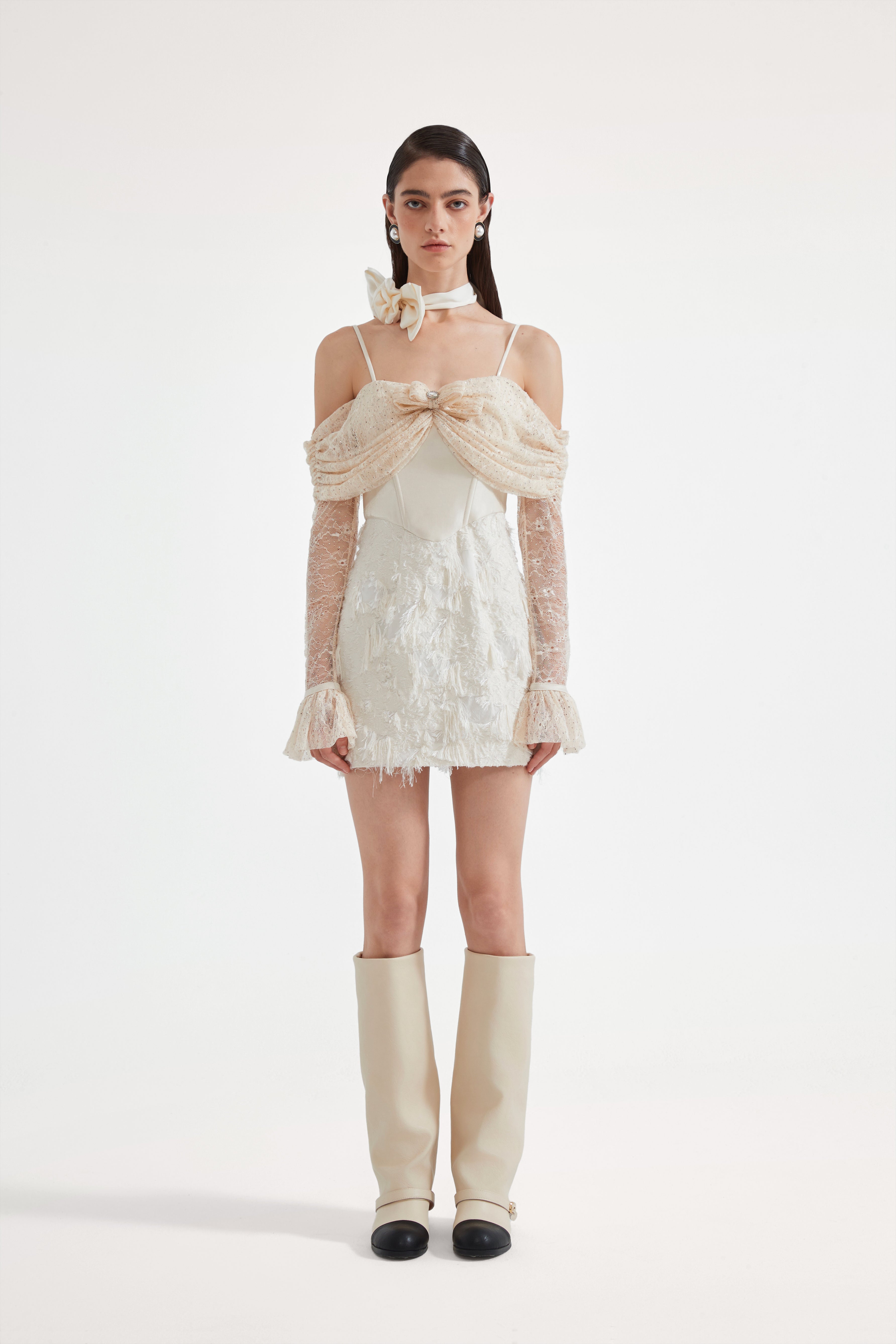 Beige Lace Fitted Waist Dress