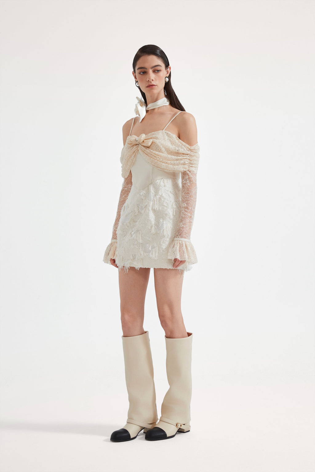 Beige Lace Fitted Waist Dress