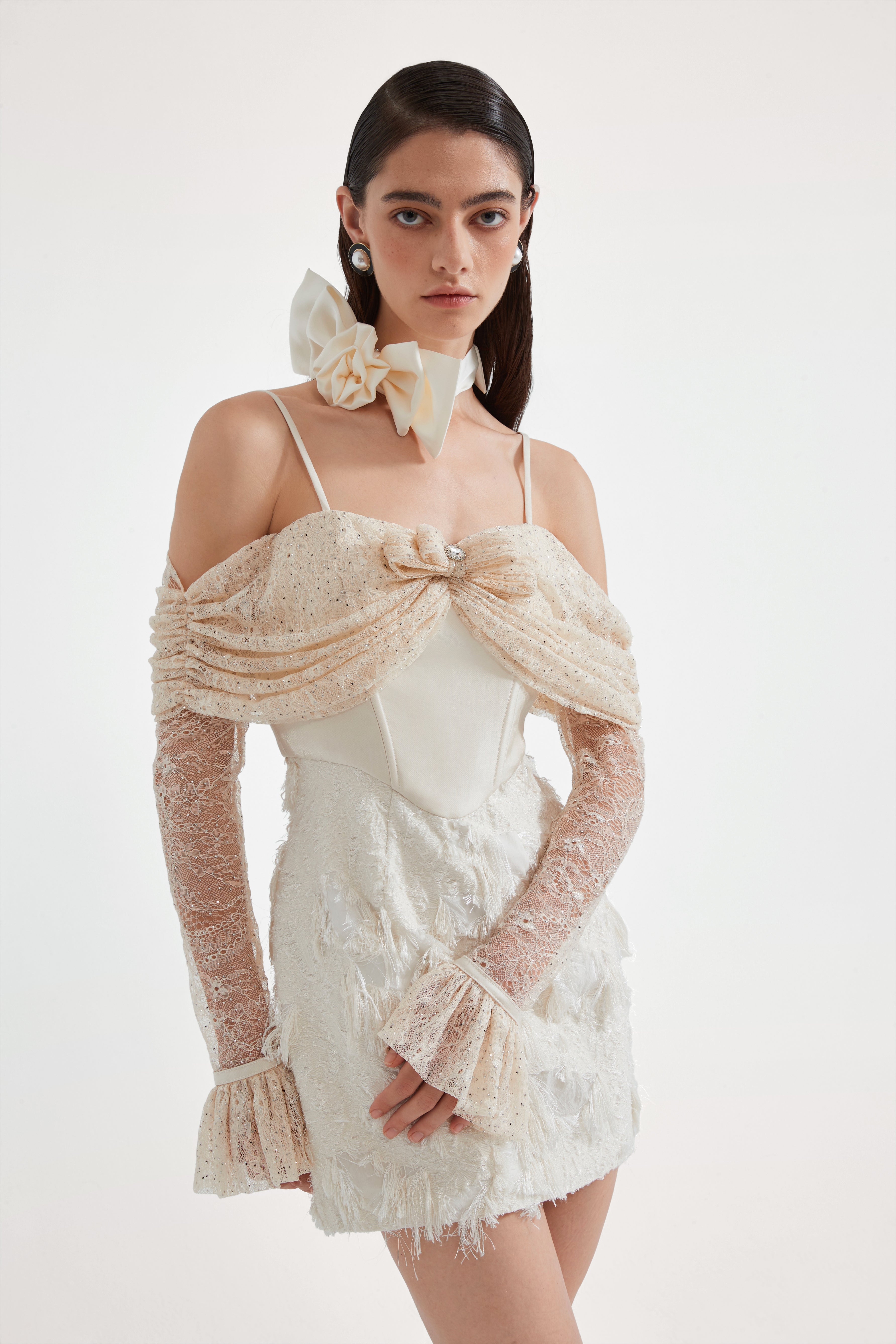 Beige Lace Fitted Waist Dress