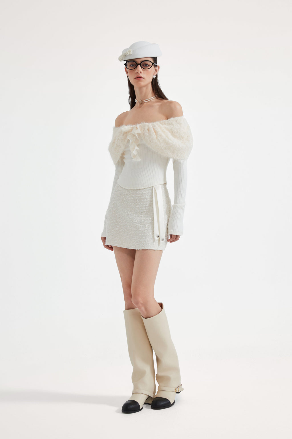 White Knitted Lace Off-The-Shoulder Top