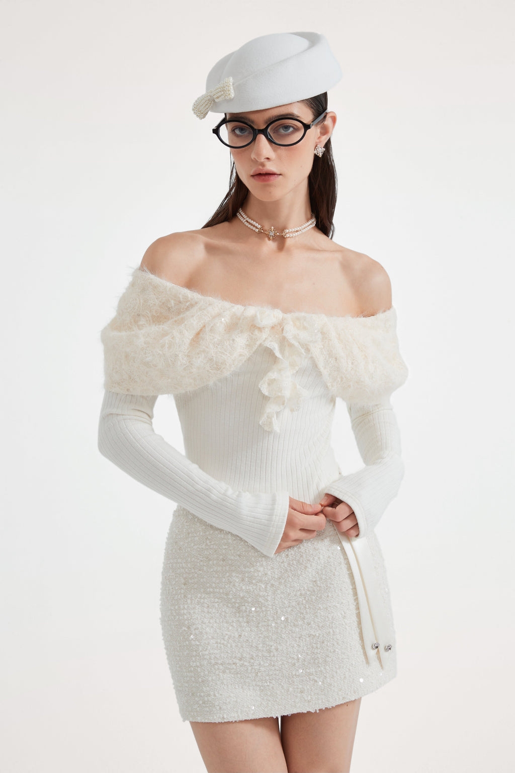 White Knitted Lace Off-The-Shoulder Top