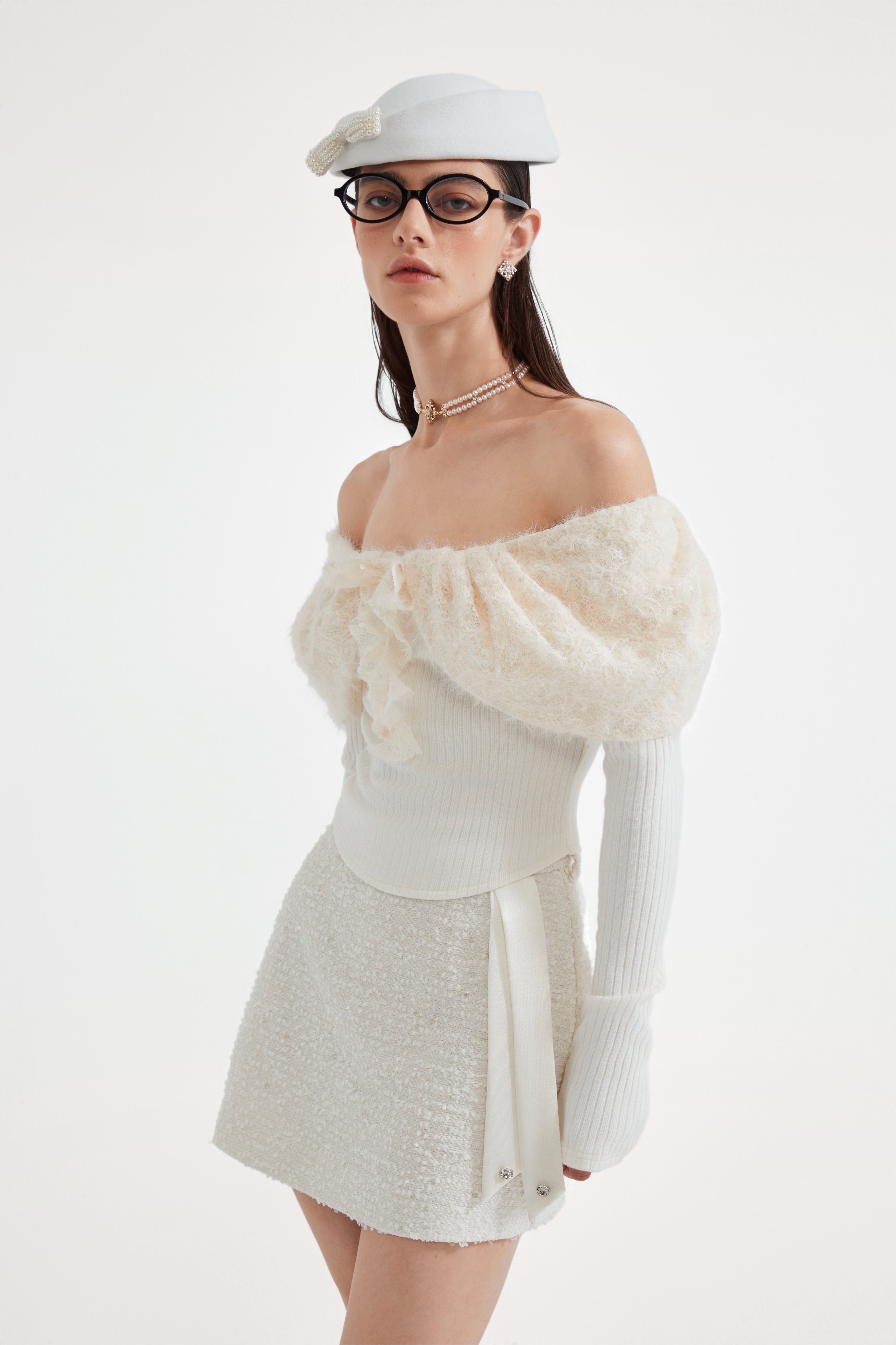 White Knitted Lace Off-The-Shoulder Top