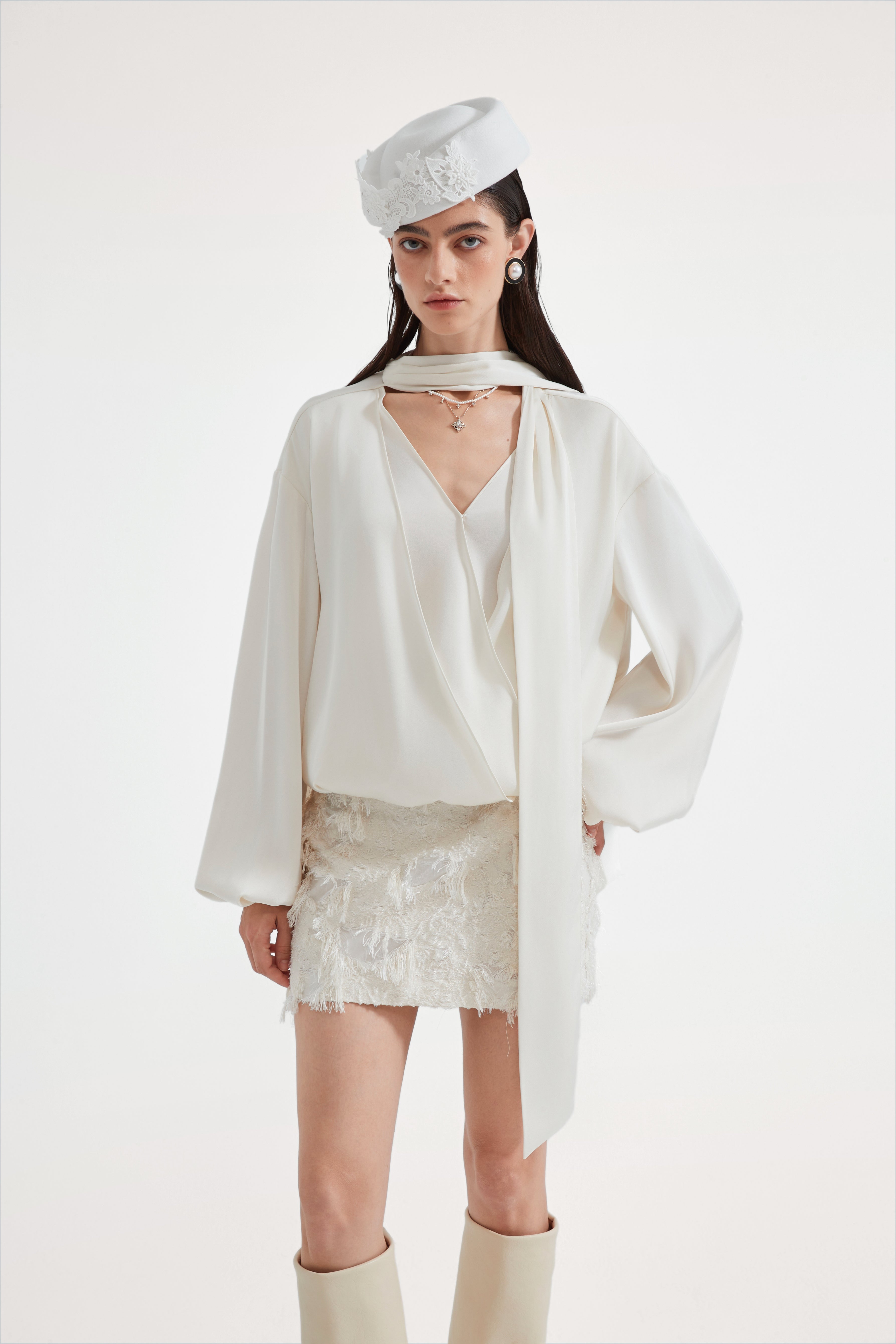 White Textured Fringe Skirt