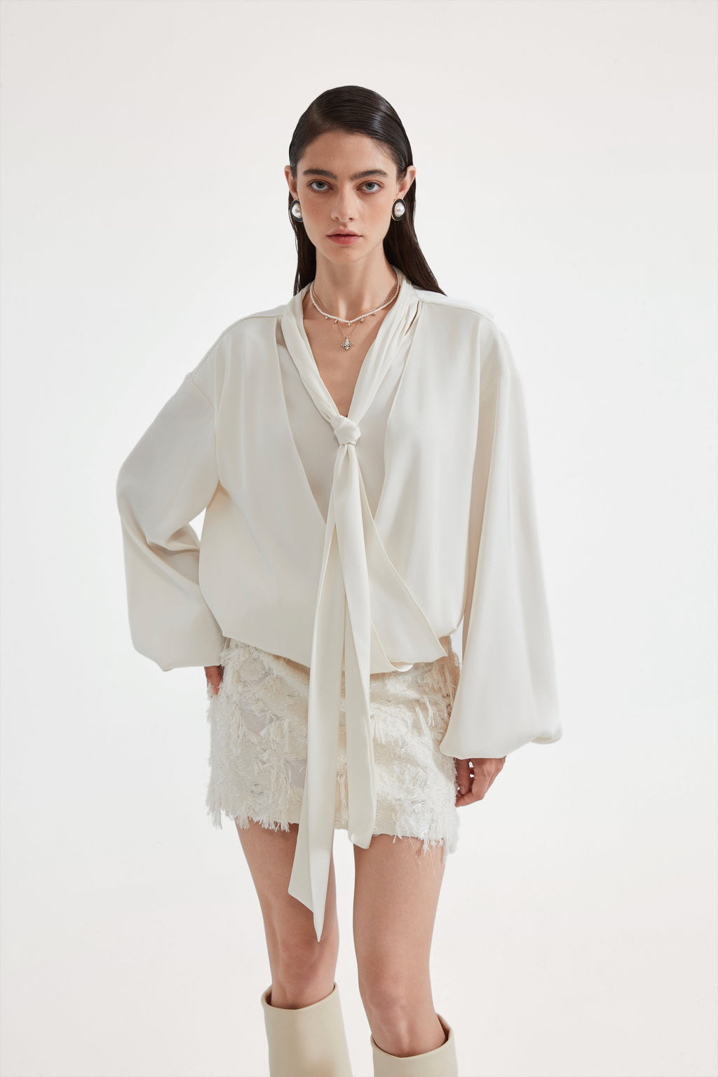 White Textured Fringe Skirt