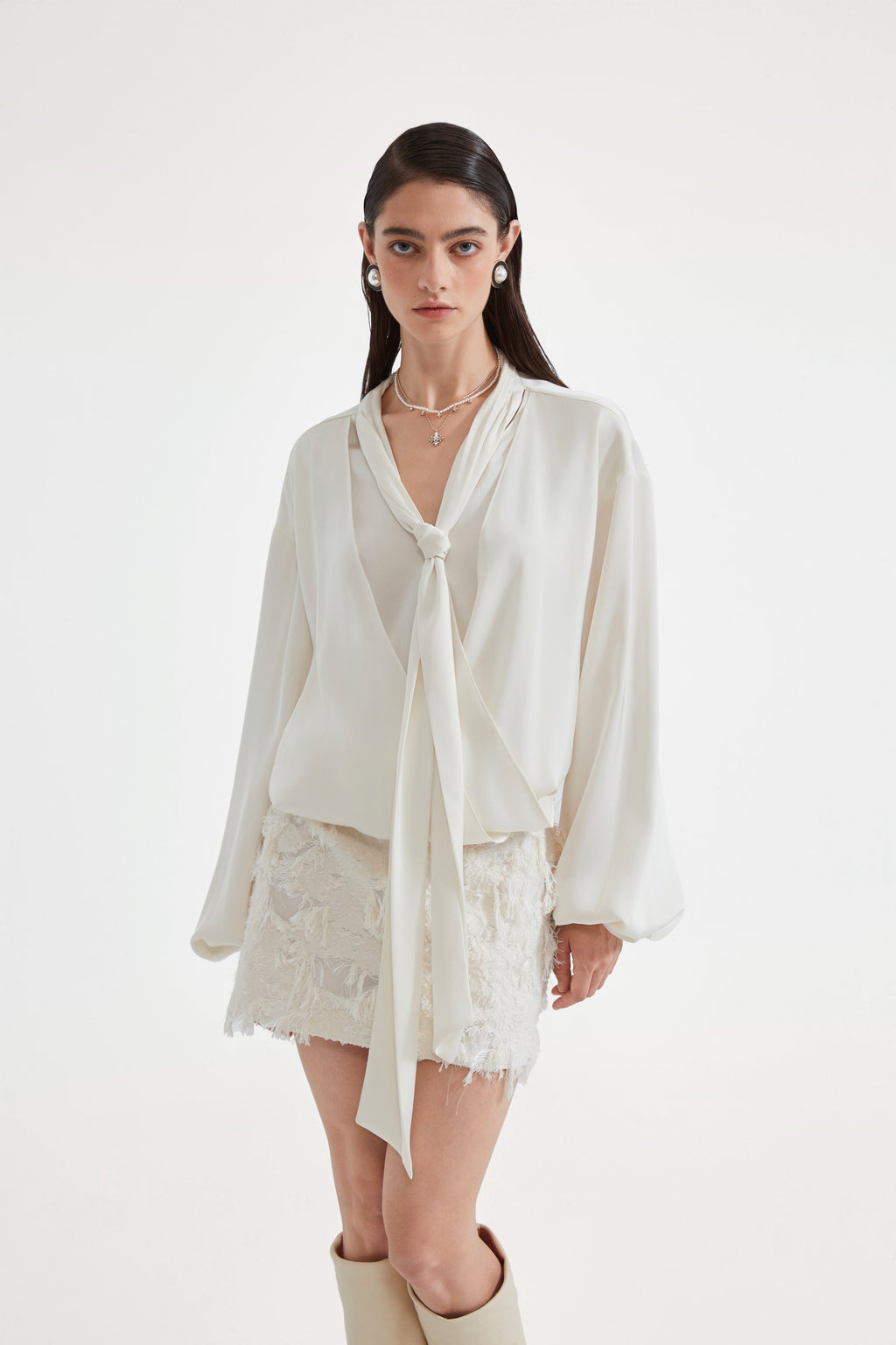 White Textured Fringe Skirt