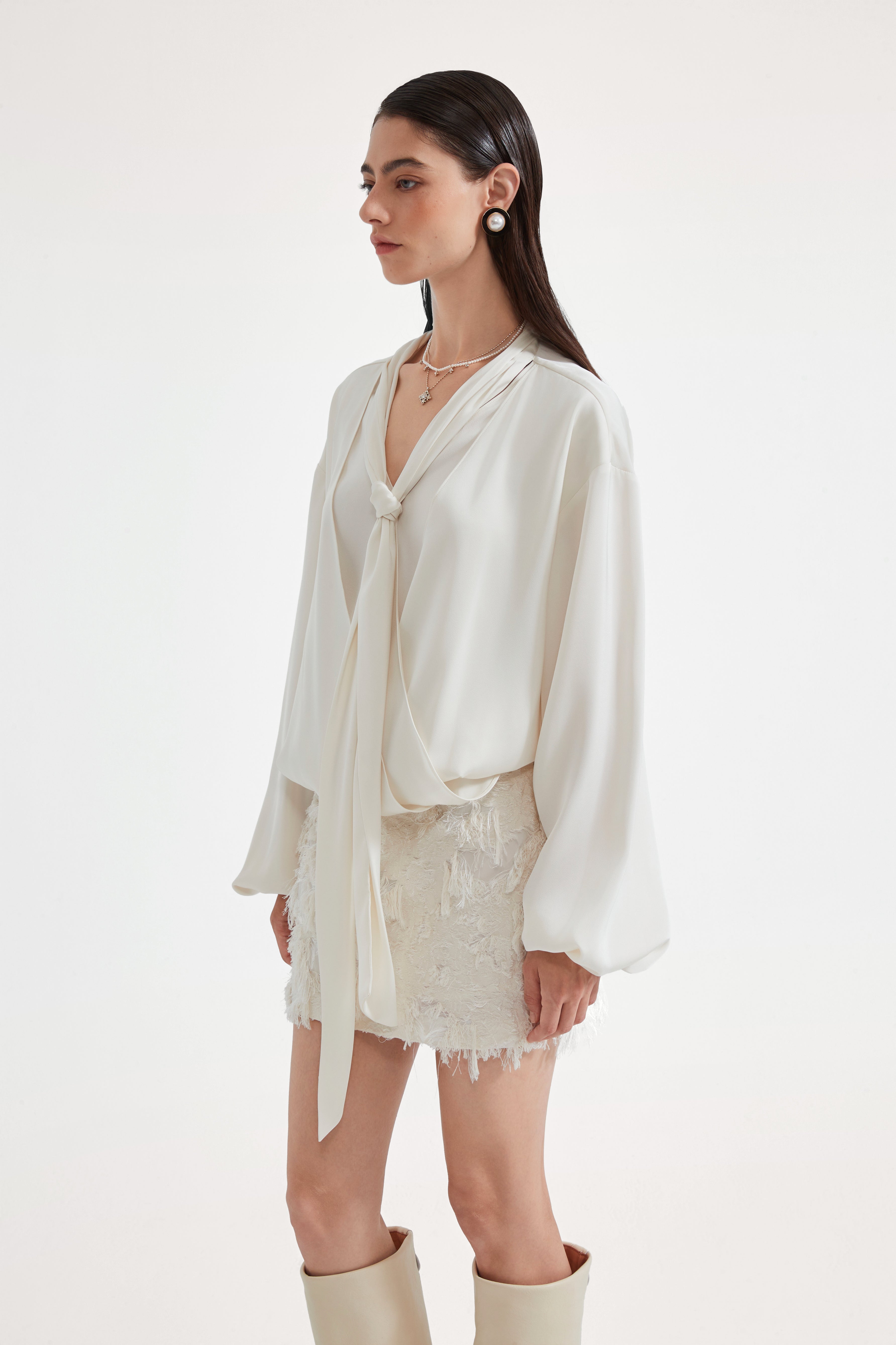 White Textured Fringe Skirt