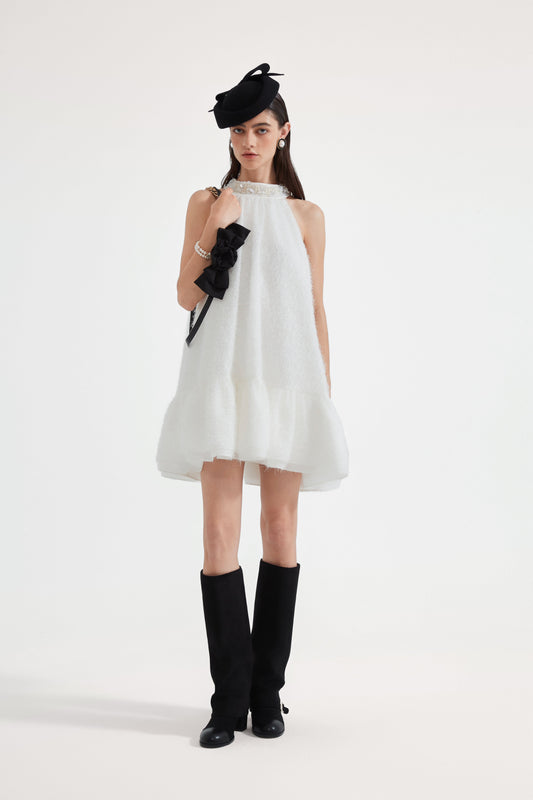 White Halter Silver Lace-Up Dress