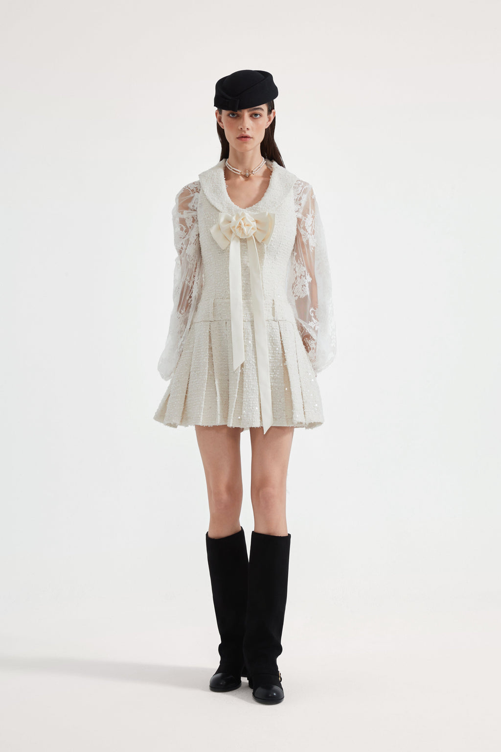 White Tweed Pleated Dress