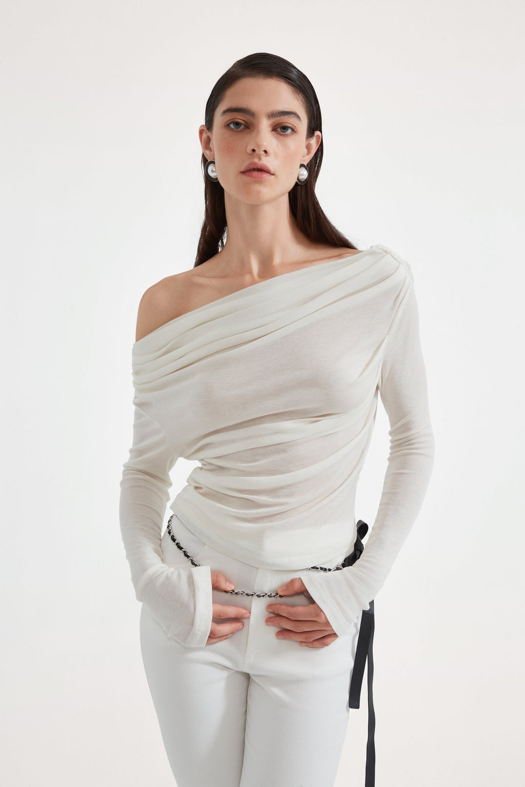 White Off-The-Shoulder Pleated Bow Ribbon Blouse