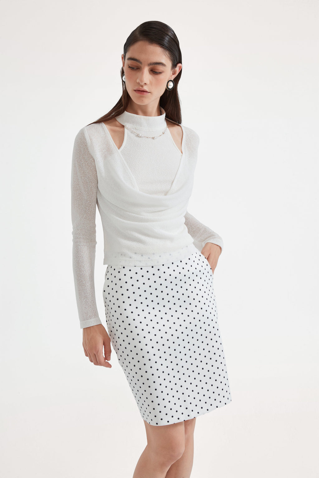 White Beaded Mock-Neck False Two-Piece Top