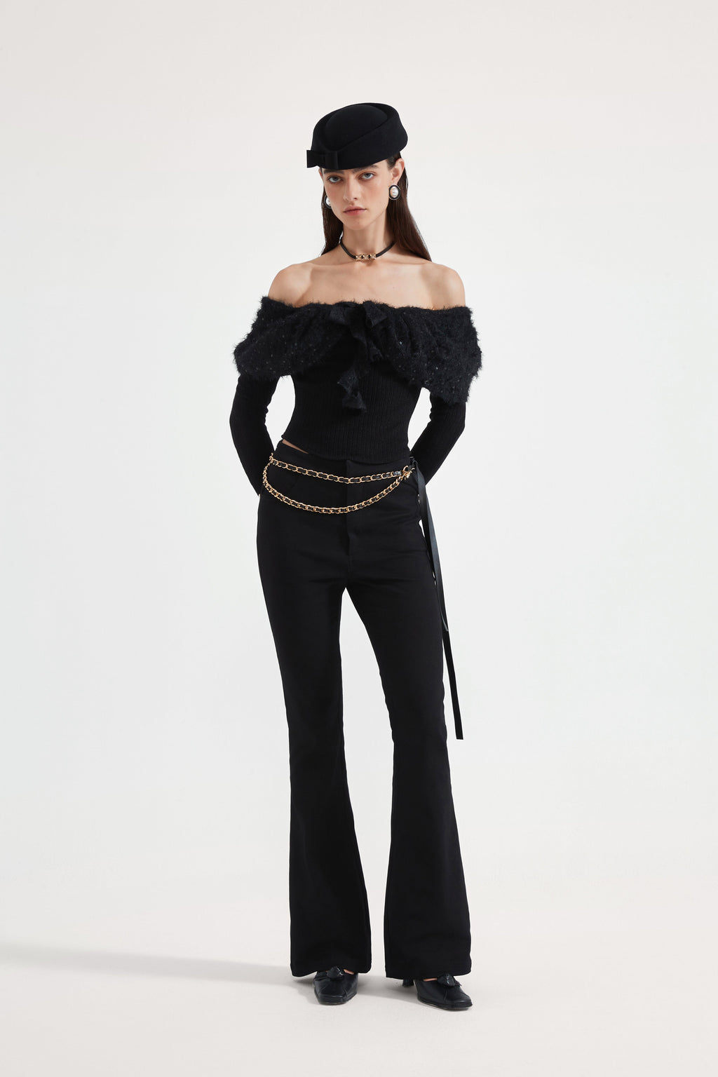 Black Knitted Lace Off-The-Shoulder Top