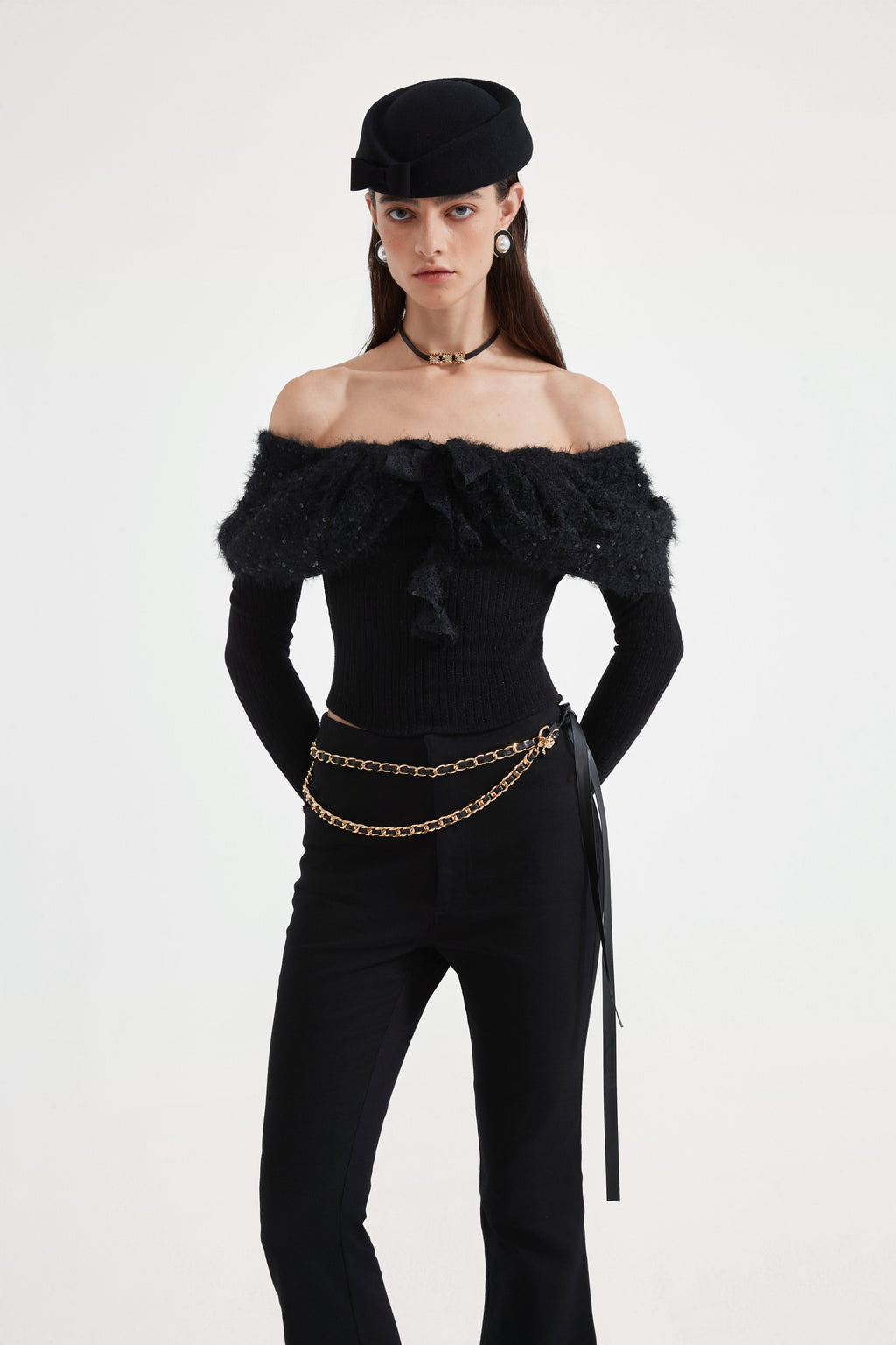 Black Knitted Lace Off-The-Shoulder Top