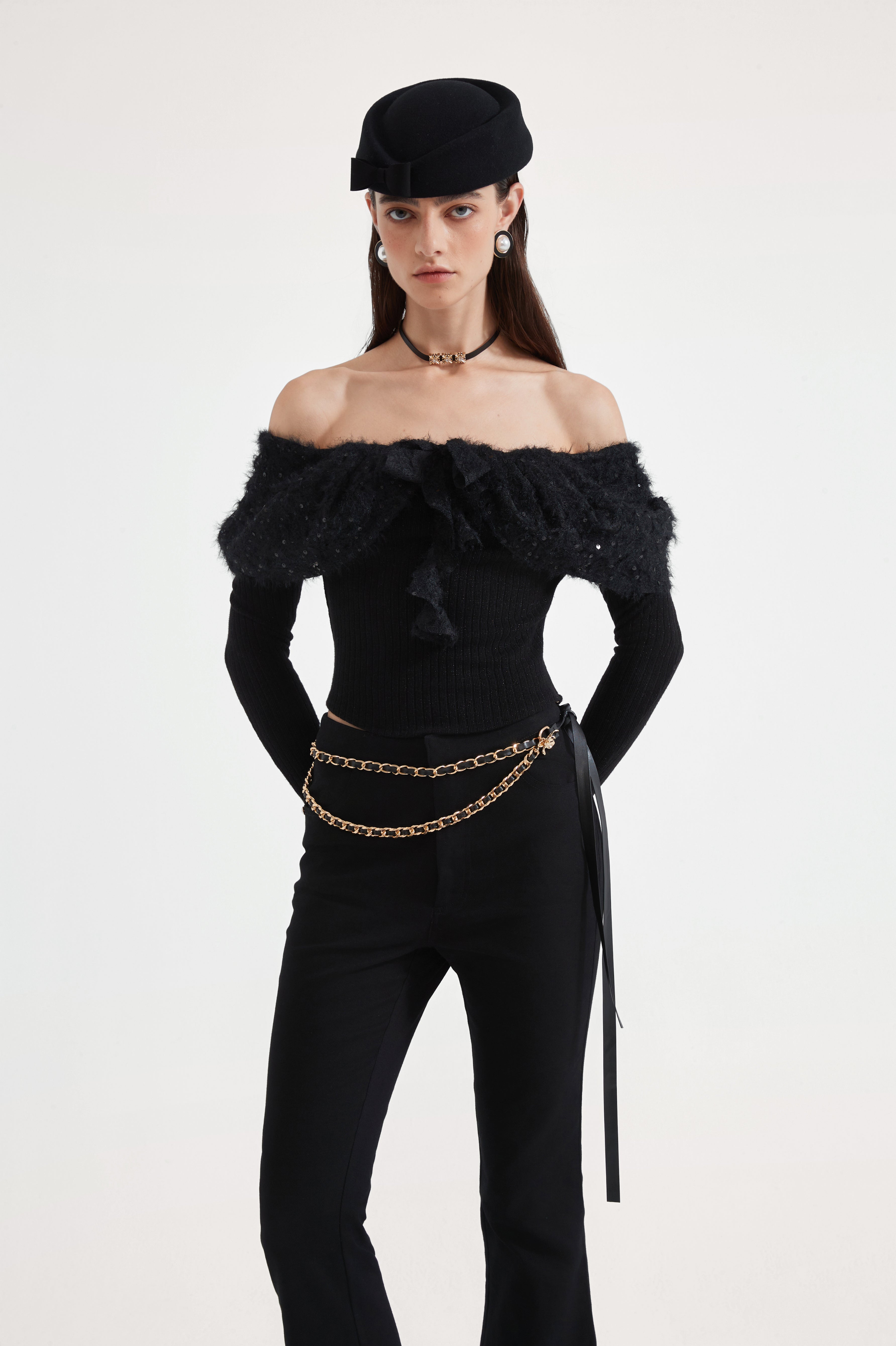 Black Knitted Lace Off-The-Shoulder Top