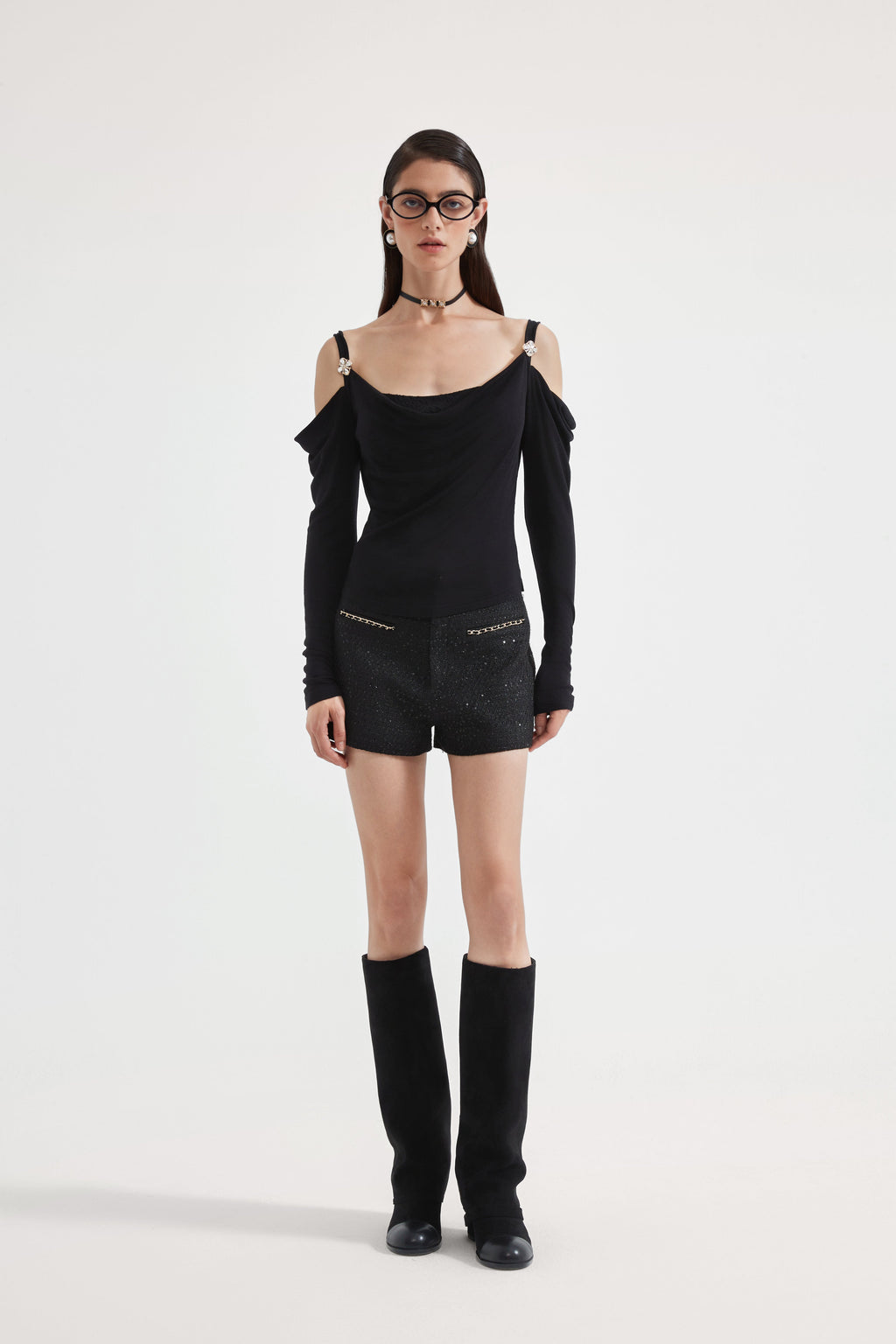 Black Off-The-Shoulder Draped Halter Long-Sleeve Top