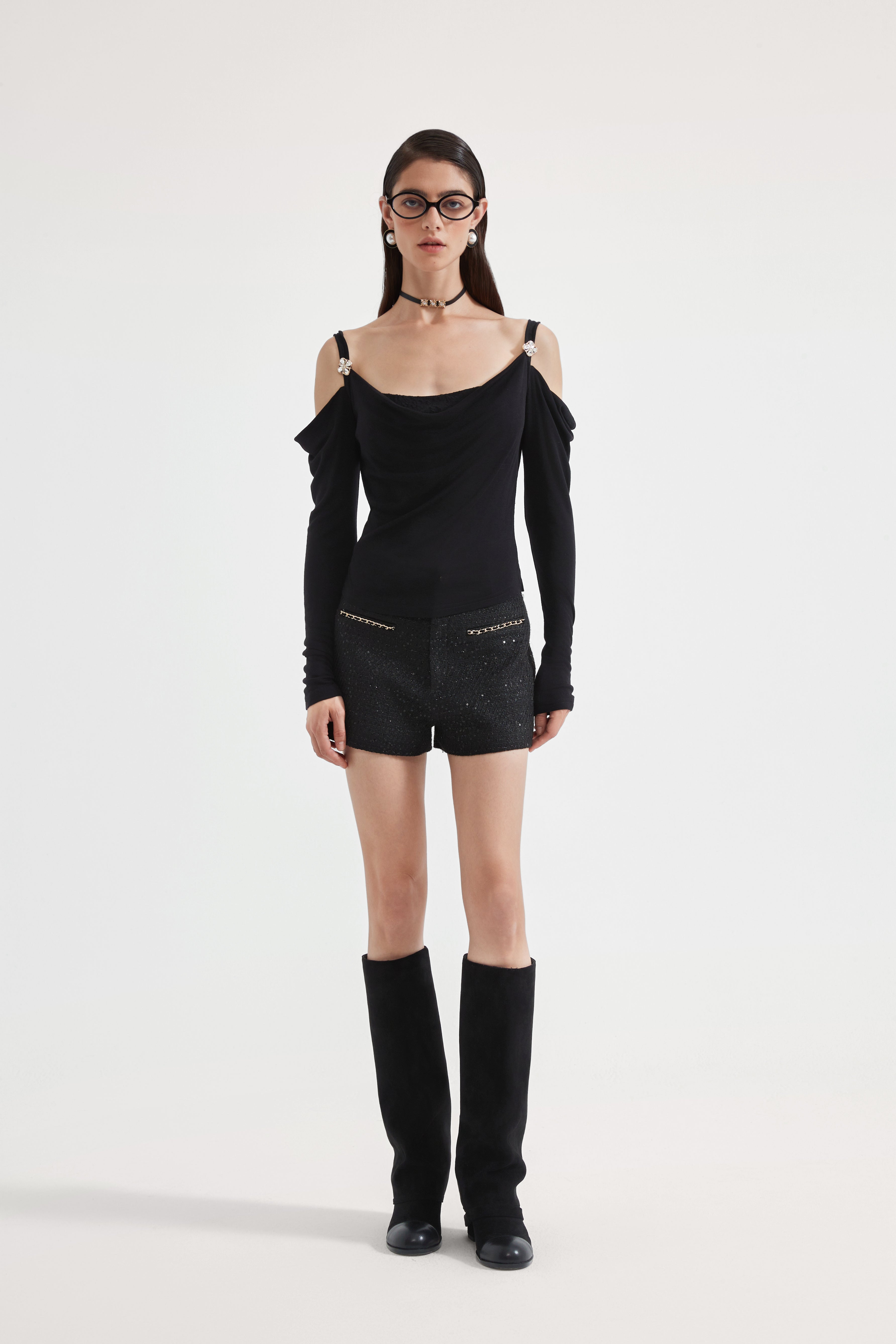 Black Off-The-Shoulder Draped Halter Long-Sleeve Top