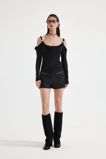 Black Off-The-Shoulder Draped Halter Long-Sleeve Top