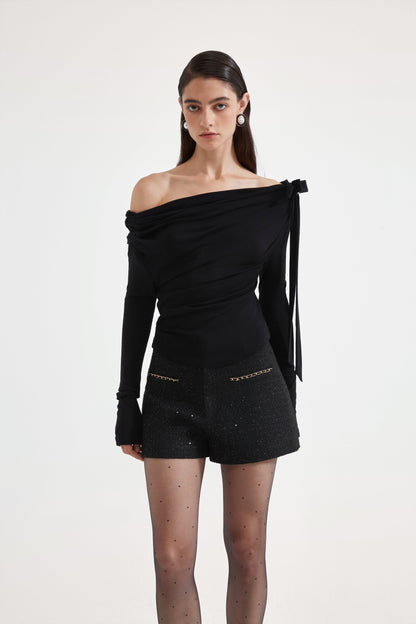 Black Off-The-Shoulder Pleated Bow Ribbon Blouse