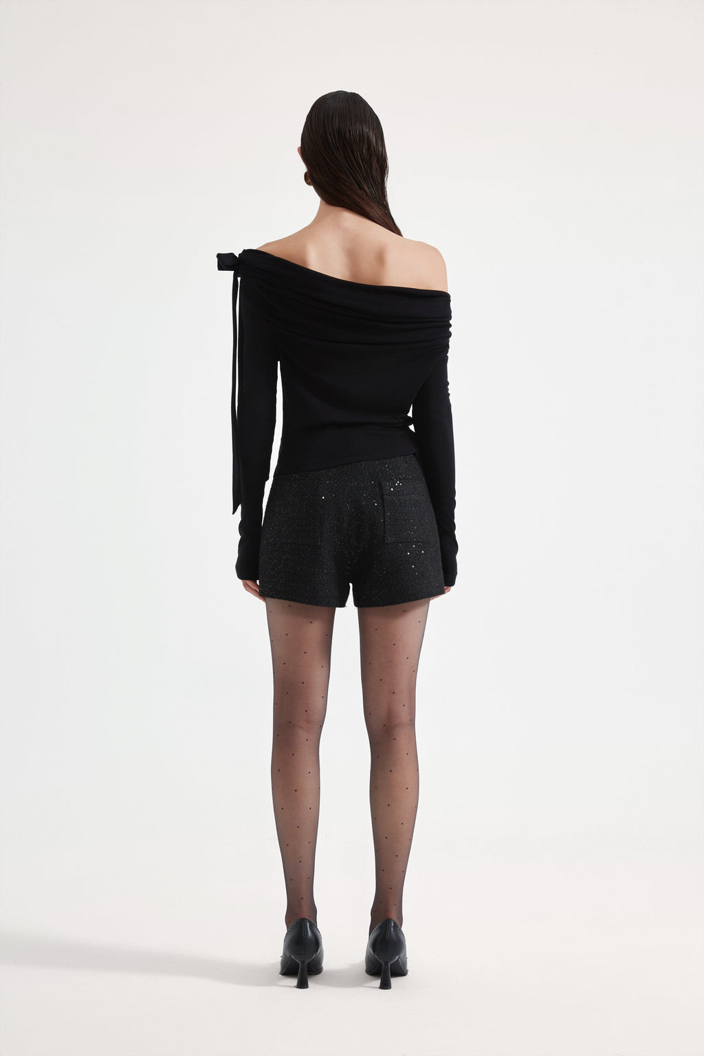 Black Off-The-Shoulder Pleated Bow Ribbon Blouse