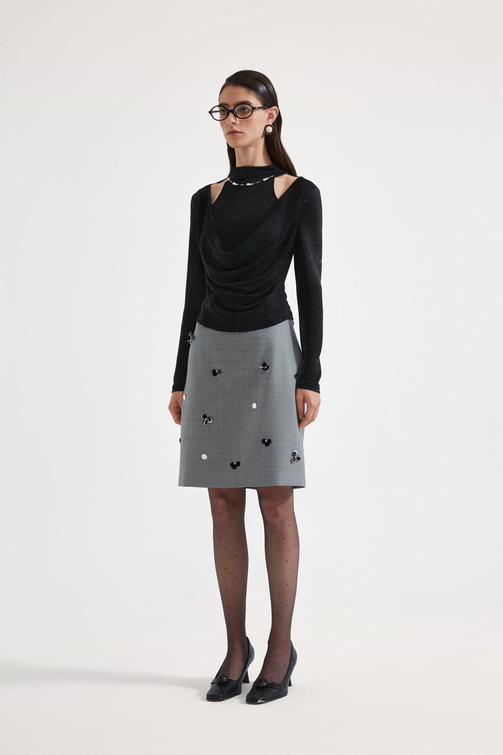 Black Bbeaded Mock-Neck False Two-Piece Top