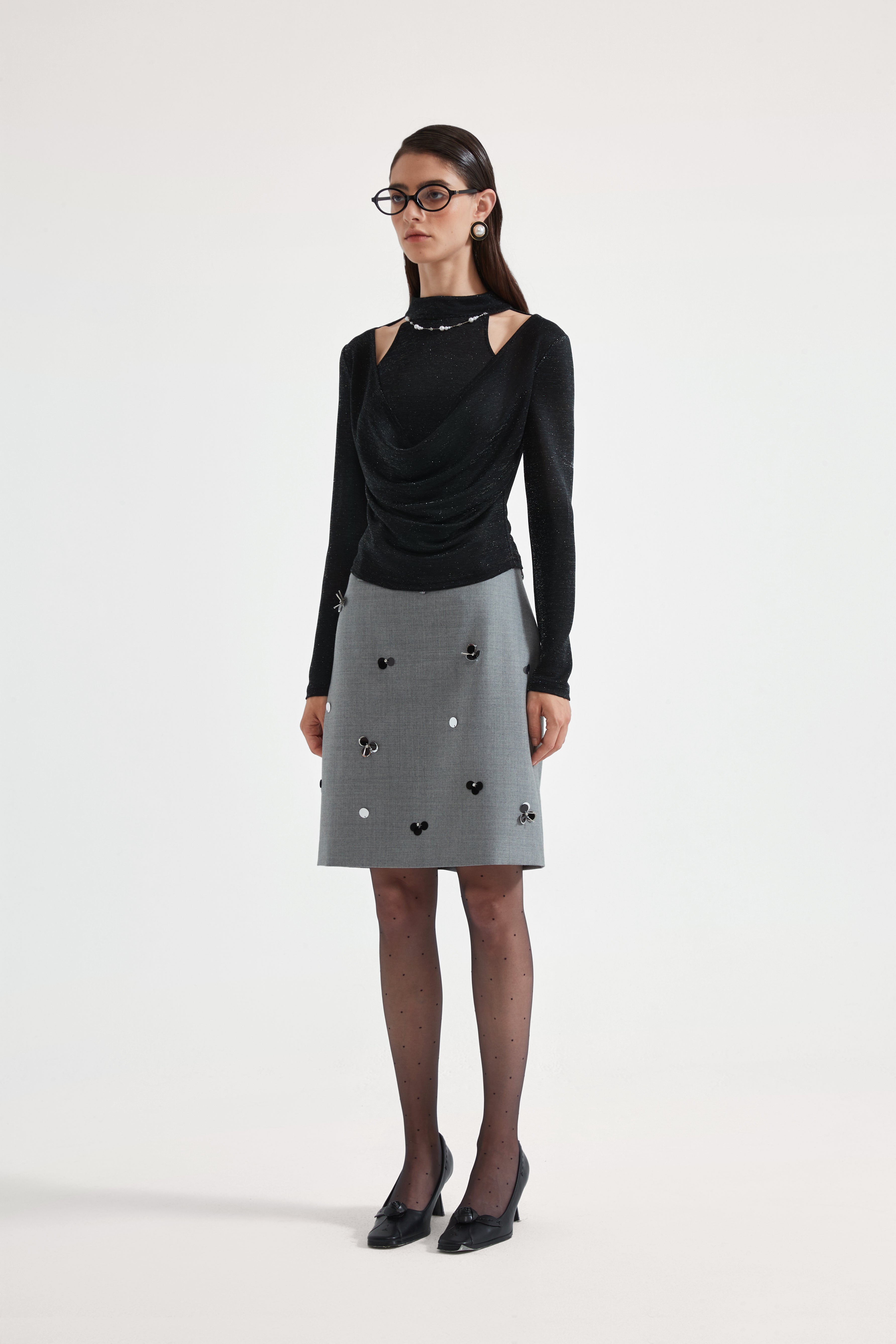 Black Bbeaded Mock-Neck False Two-Piece Top