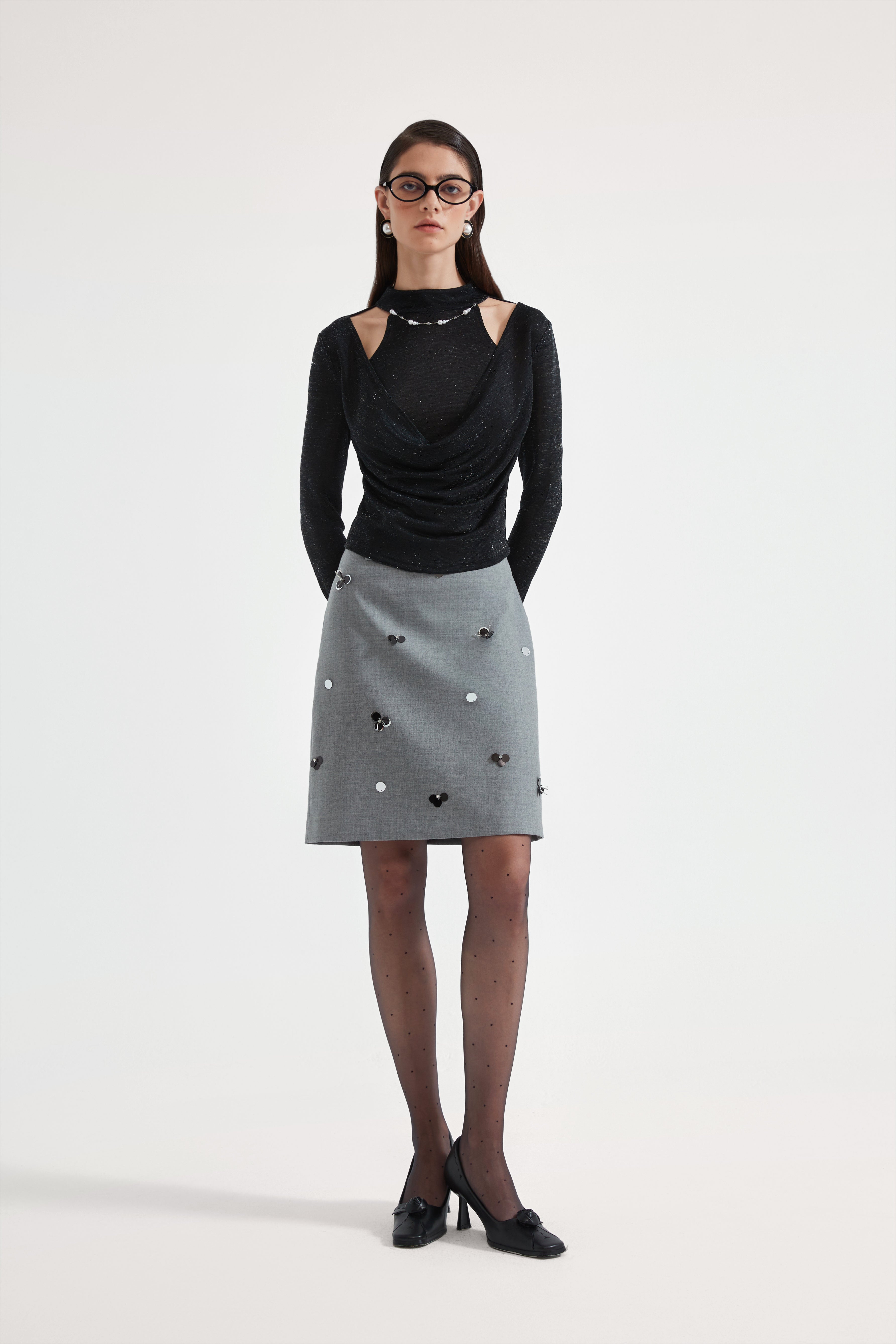 Black Bbeaded Mock-Neck False Two-Piece Top