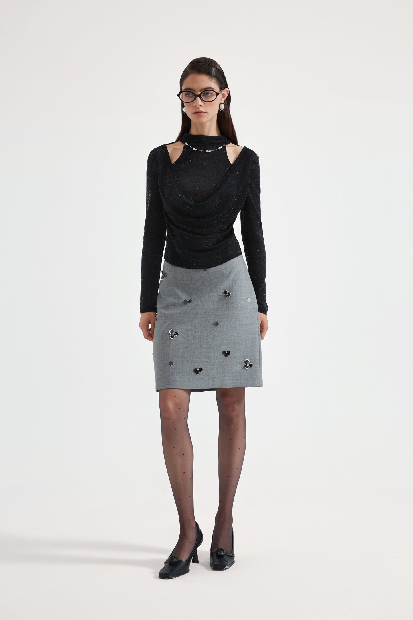 Black Bbeaded Mock-Neck False Two-Piece Top