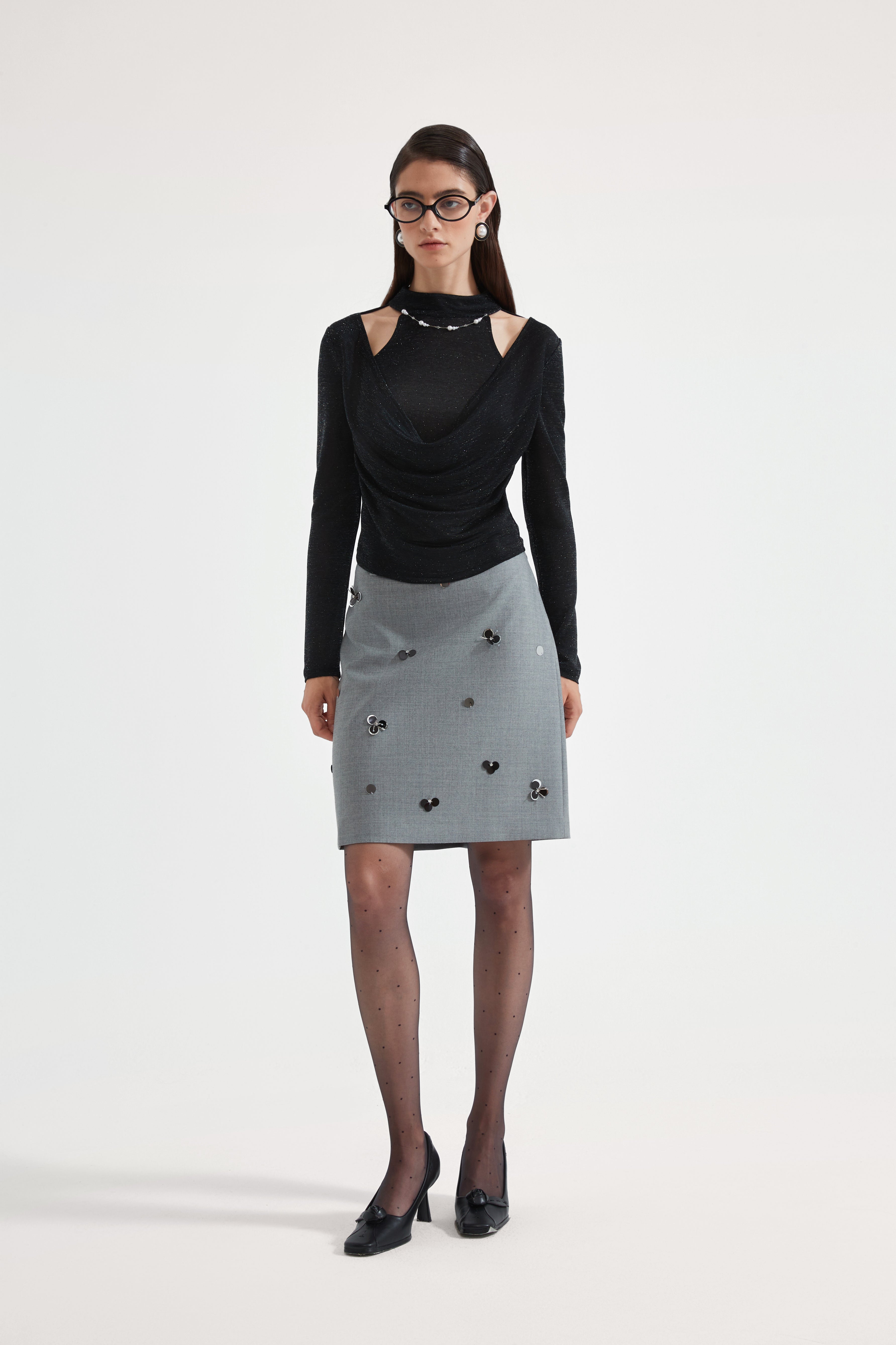 Black Bbeaded Mock-Neck False Two-Piece Top