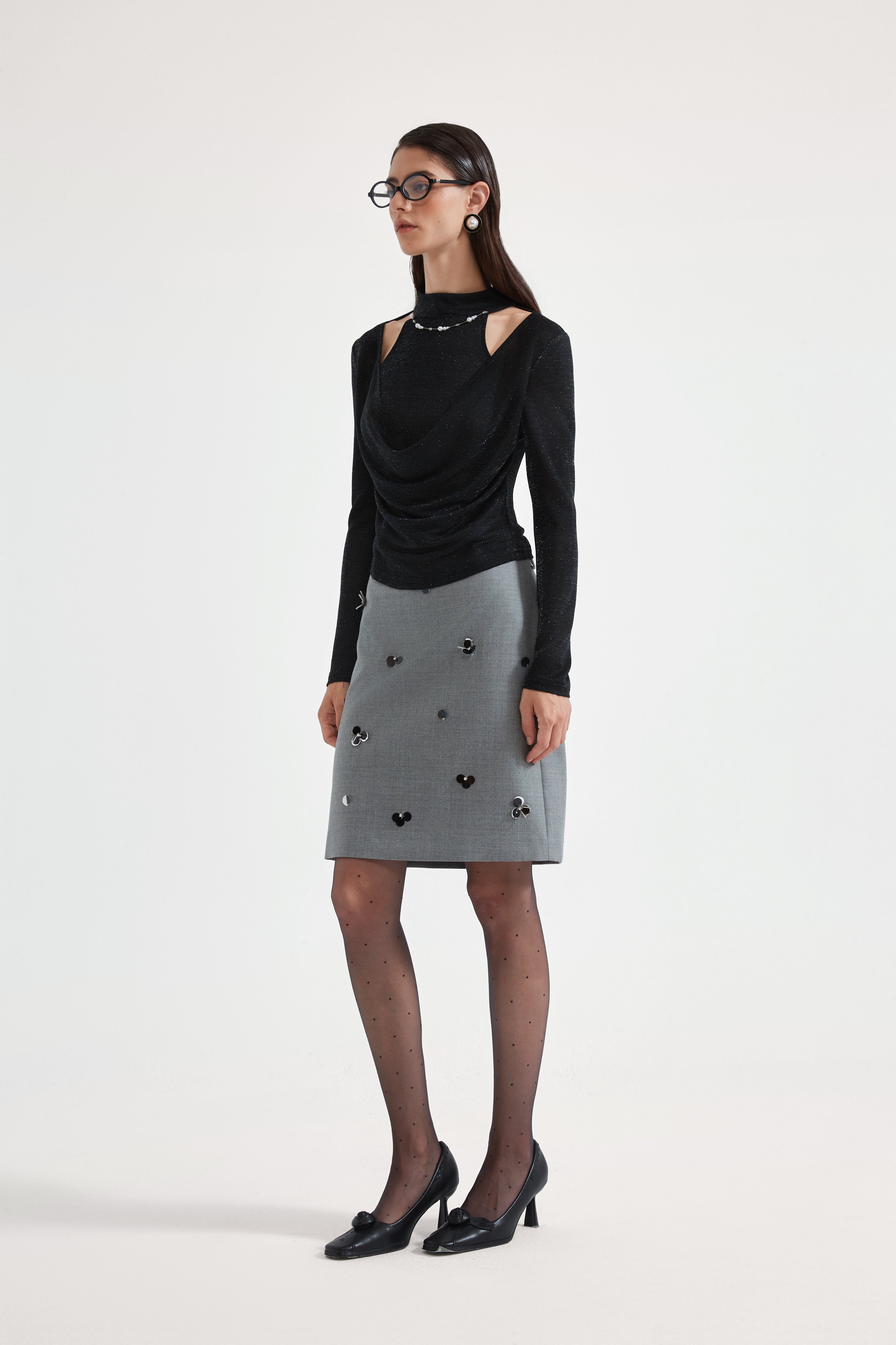 Black Bbeaded Mock-Neck False Two-Piece Top