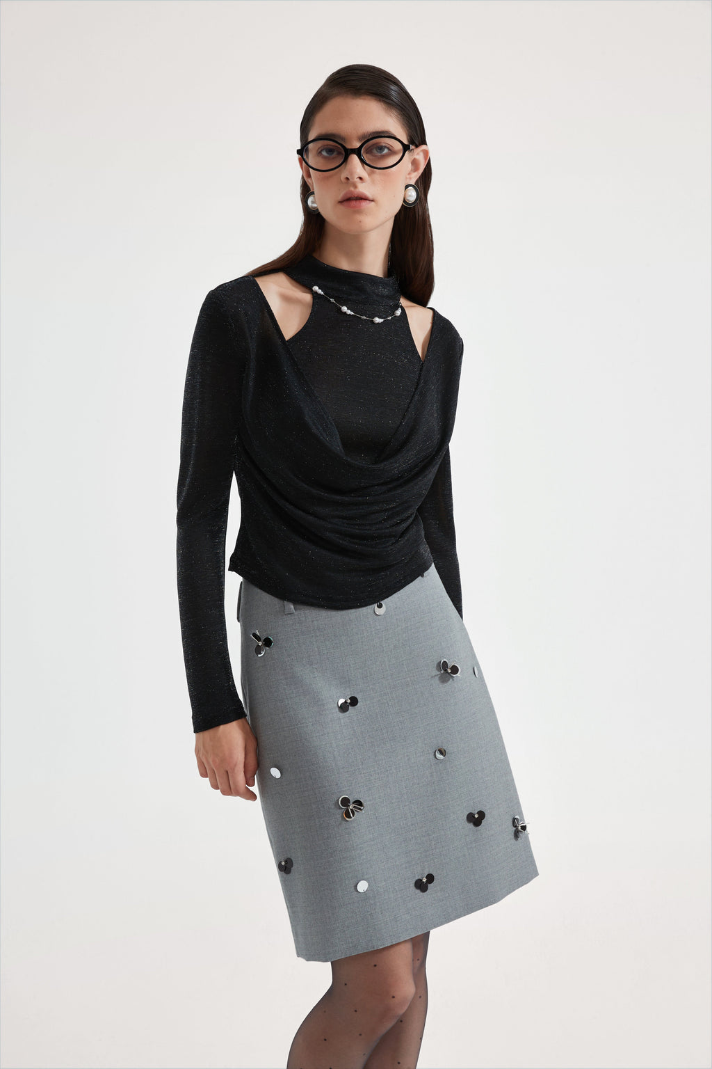 Black Bbeaded Mock-Neck False Two-Piece Top