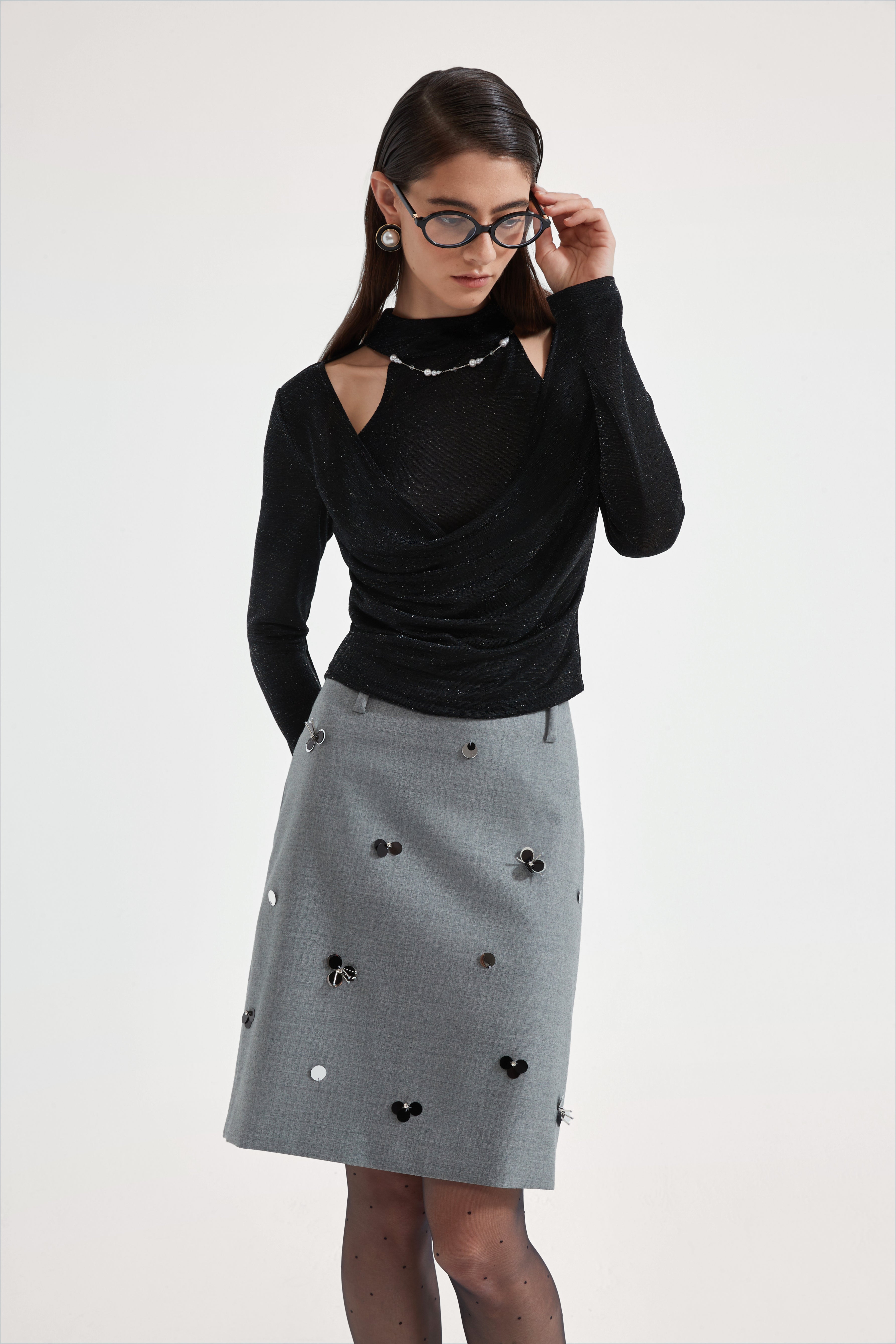 Black Bbeaded Mock-Neck False Two-Piece Top