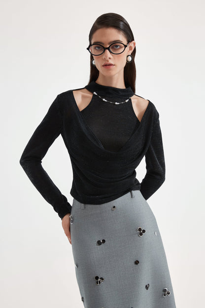 Black Bbeaded Mock-Neck False Two-Piece Top