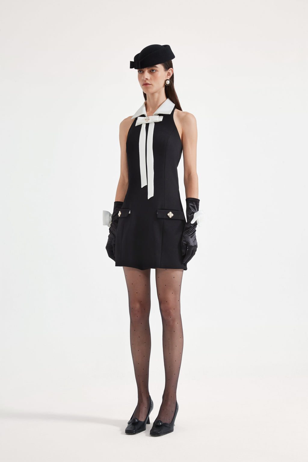 Black Bow Collared Waist-Cinching Dress