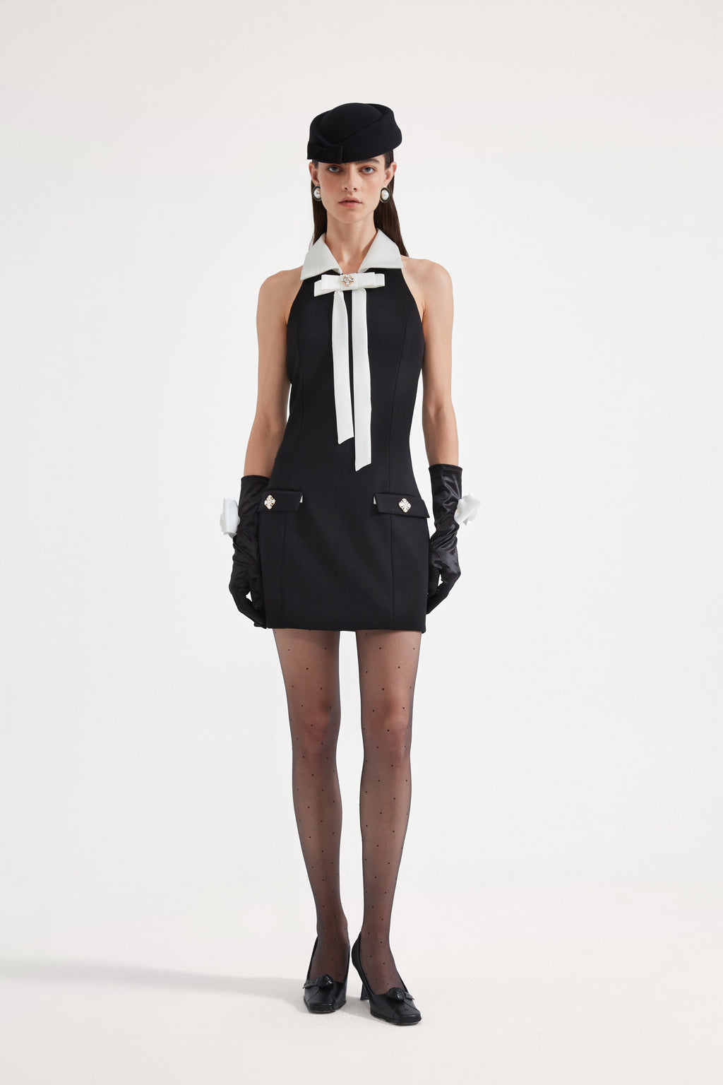 Black Bow Collared Waist-Cinching Dress
