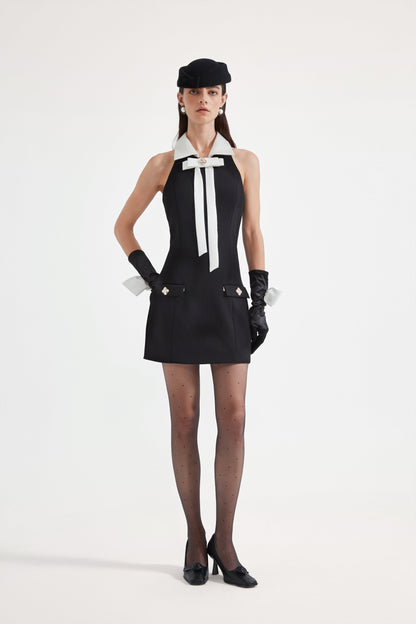 Black Bow Collared Waist-Cinching Dress