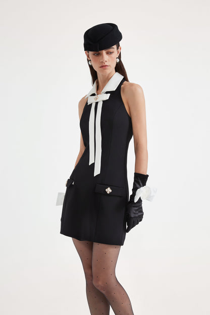 Black Bow Collared Waist-Cinching Dress