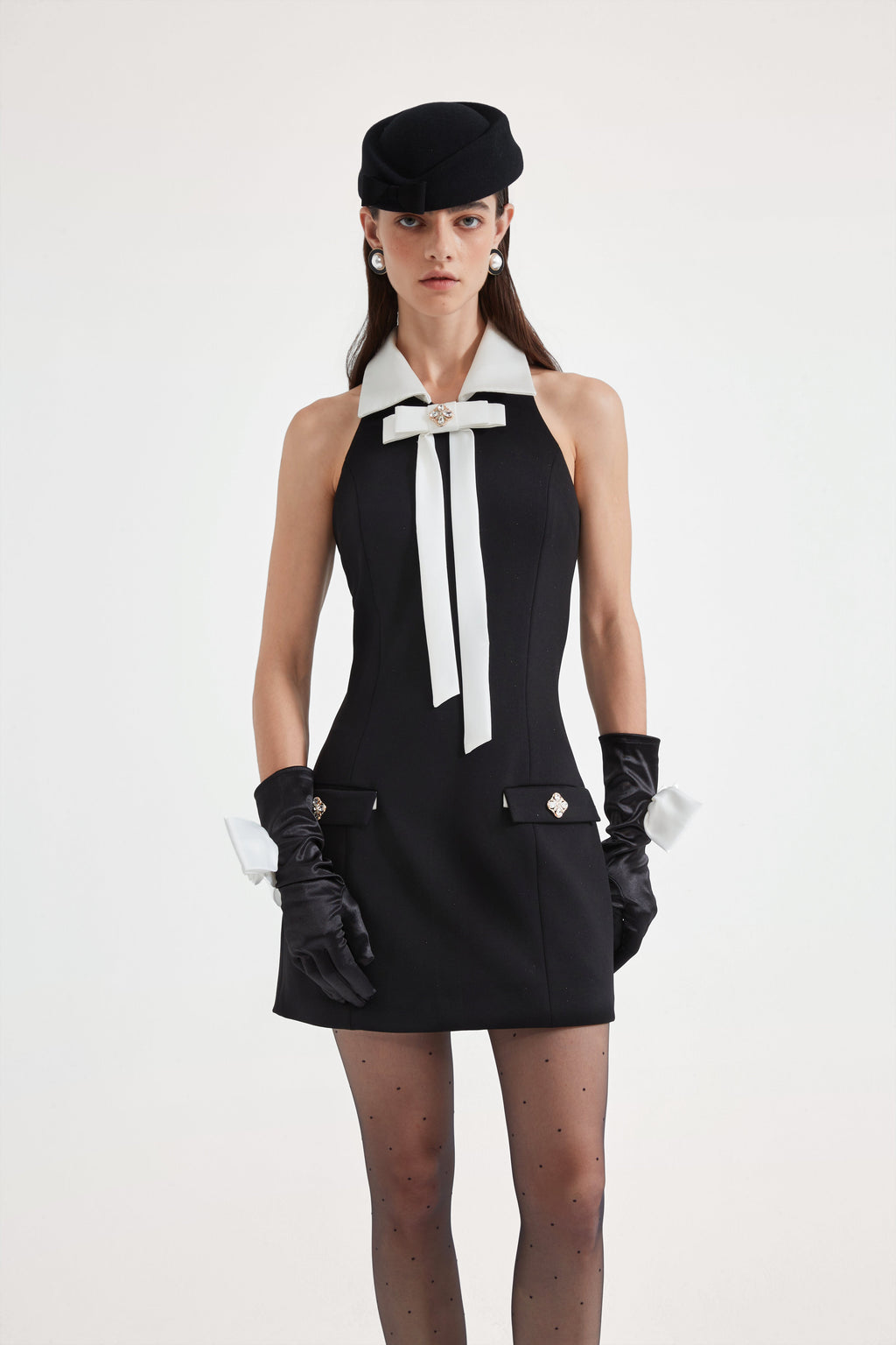 Black Bow Collared Waist-Cinching Dress