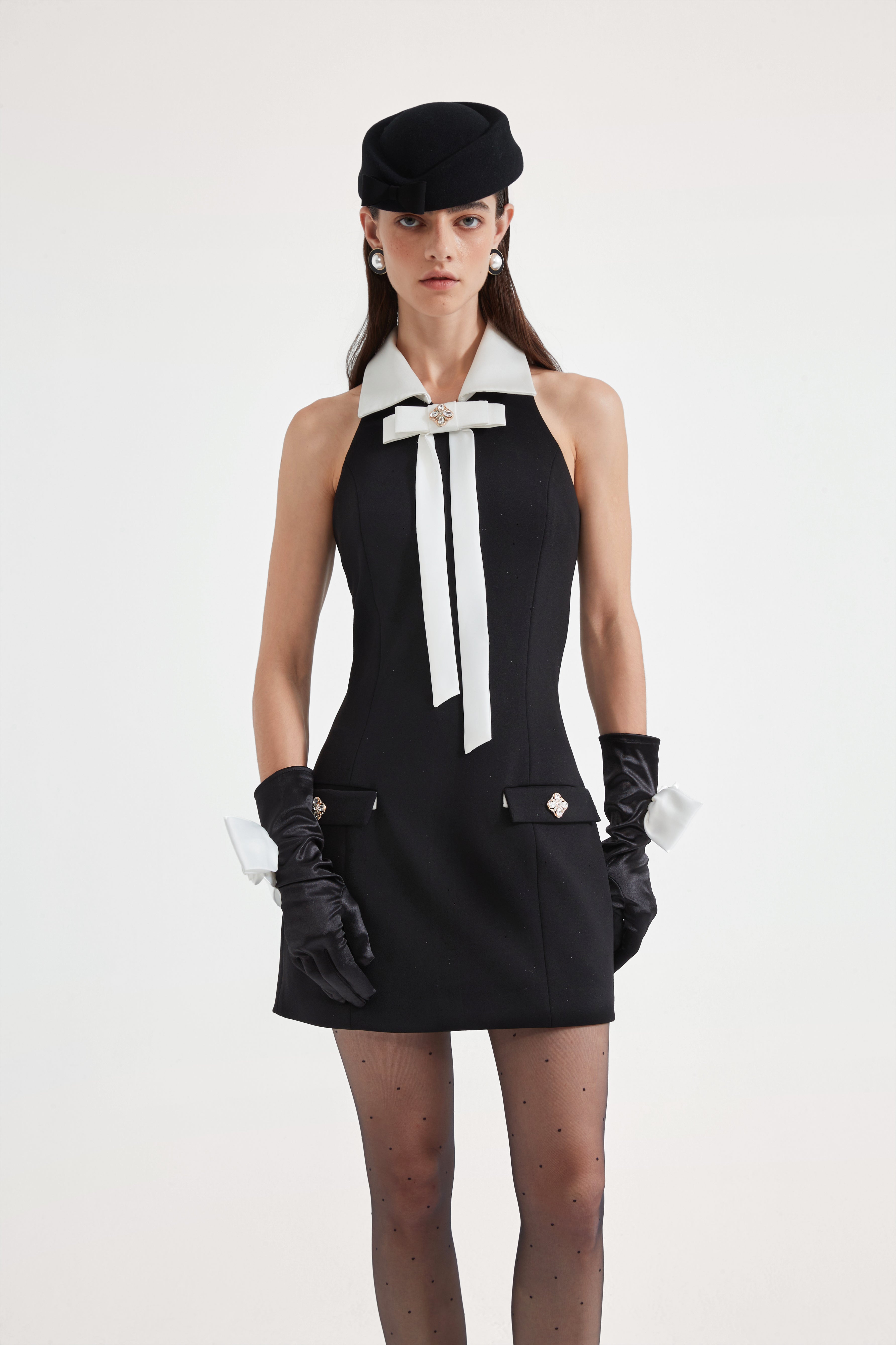 Black Bow Collared Waist-Cinching Dress